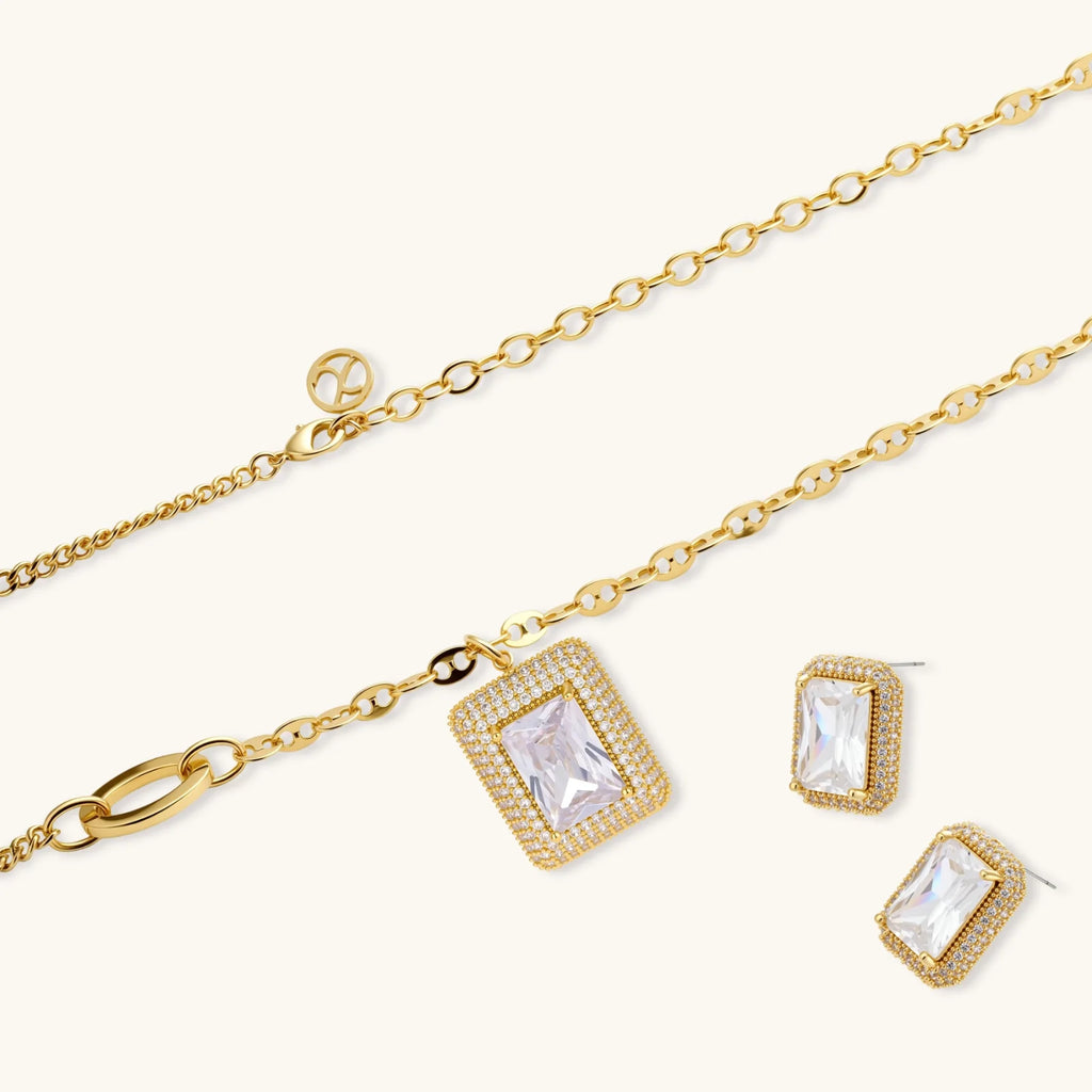 Close-up detail of Emerald Cut Halo Jewellery Set by Averuna Jewellery