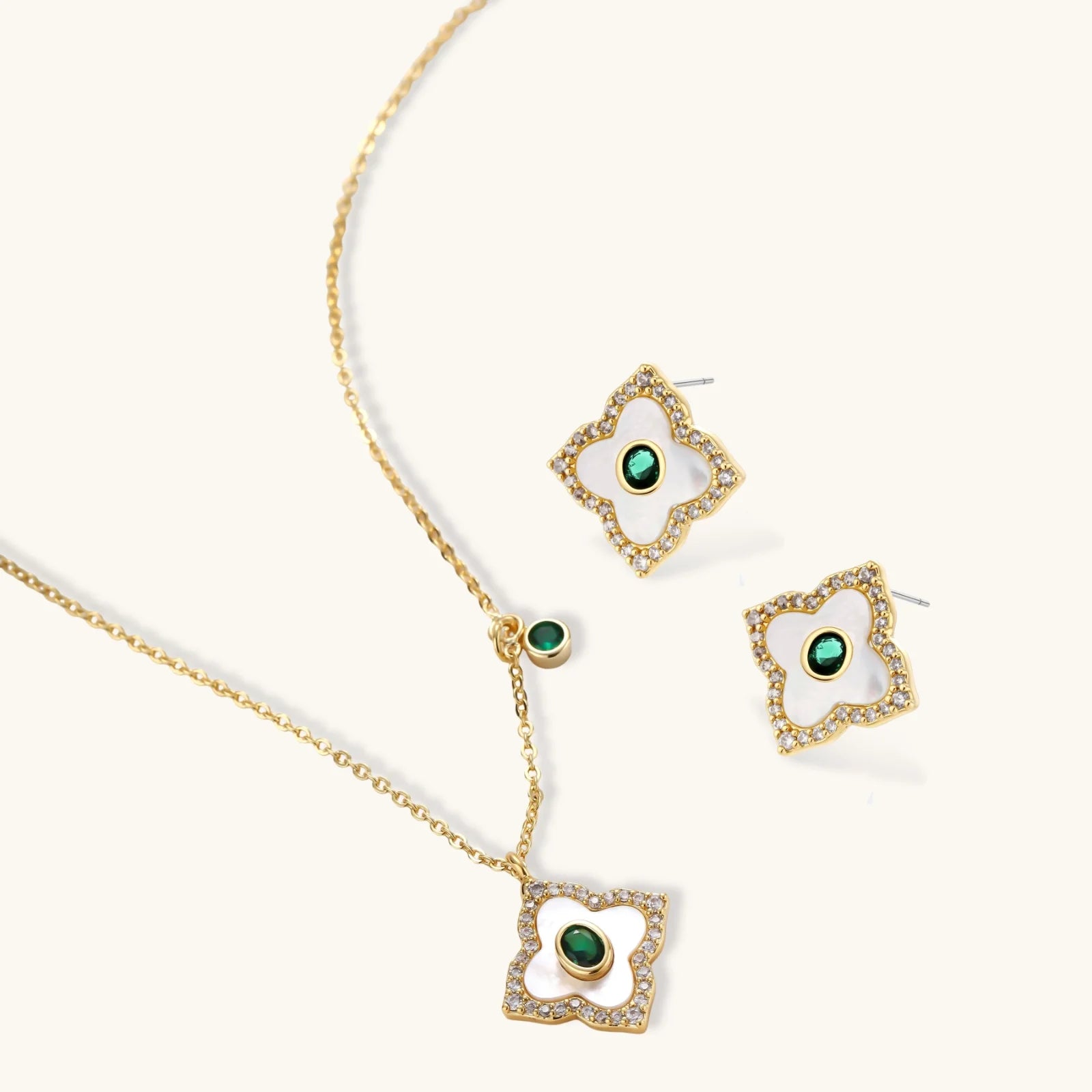 Close-up detail of Emerald Bloom Jewellery Set by Averuna Jewellery