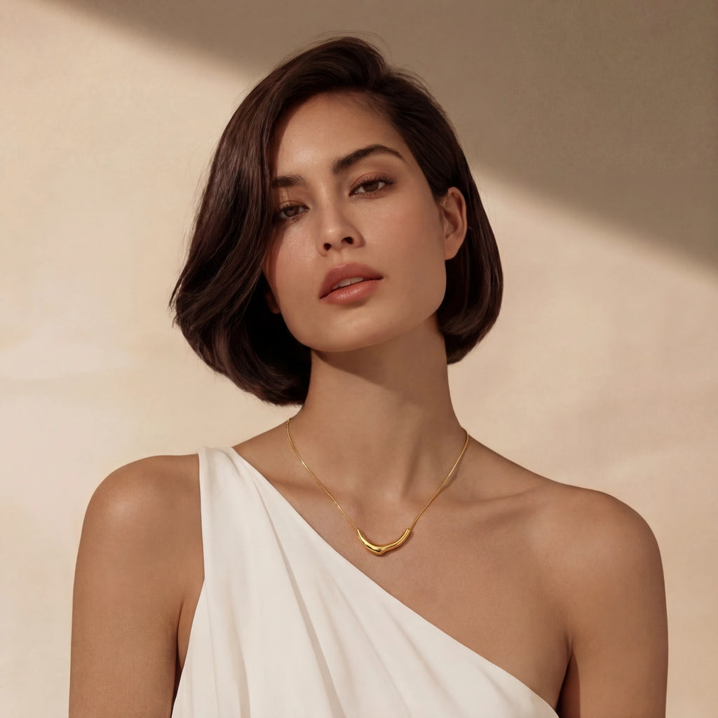 Lifestyle view of Sculpted Curve Statement Necklace by Averuna Jewellery