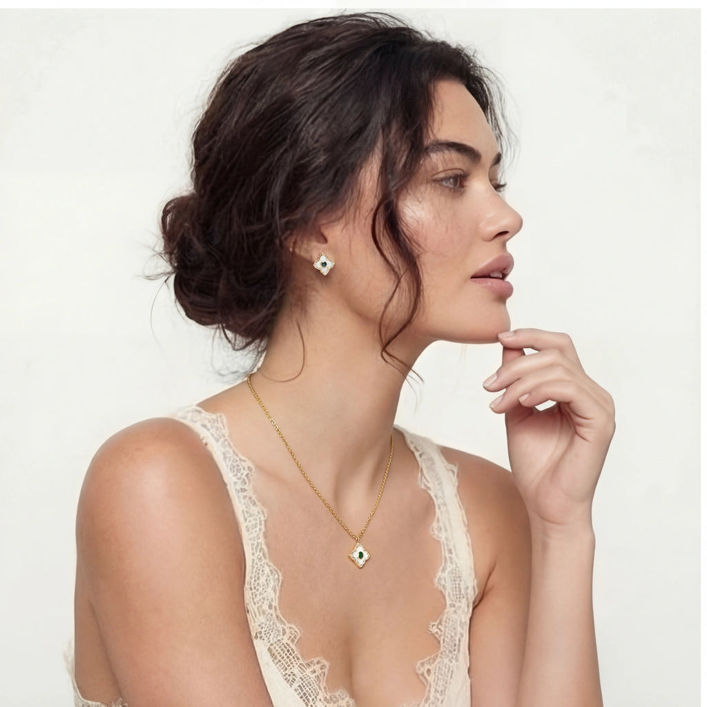 Lifestyle view of Emerald Bloom Jewellery Set by Averuna Jewellery