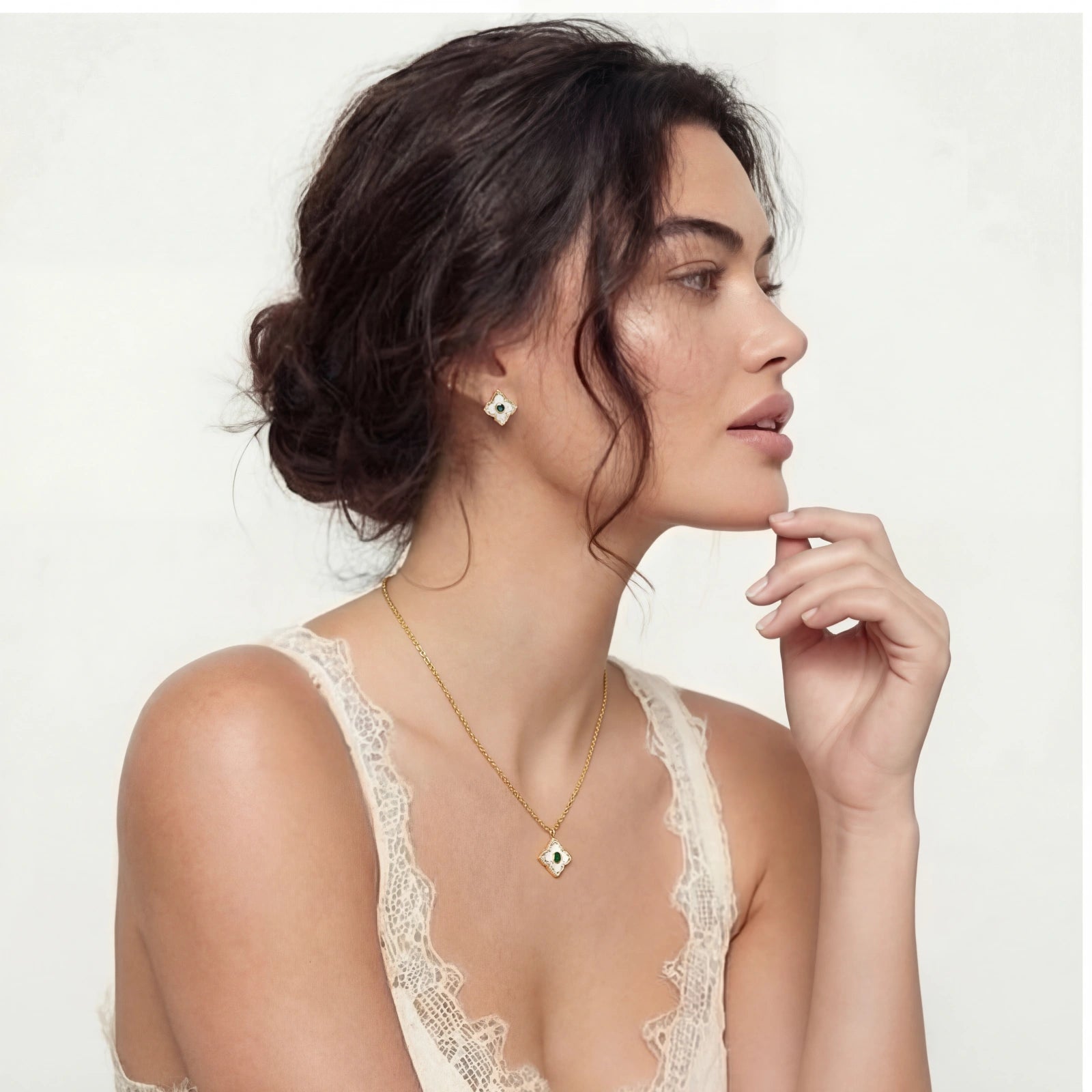 Lifestyle view of Emerald Bloom Jewellery Set by Averuna Jewellery