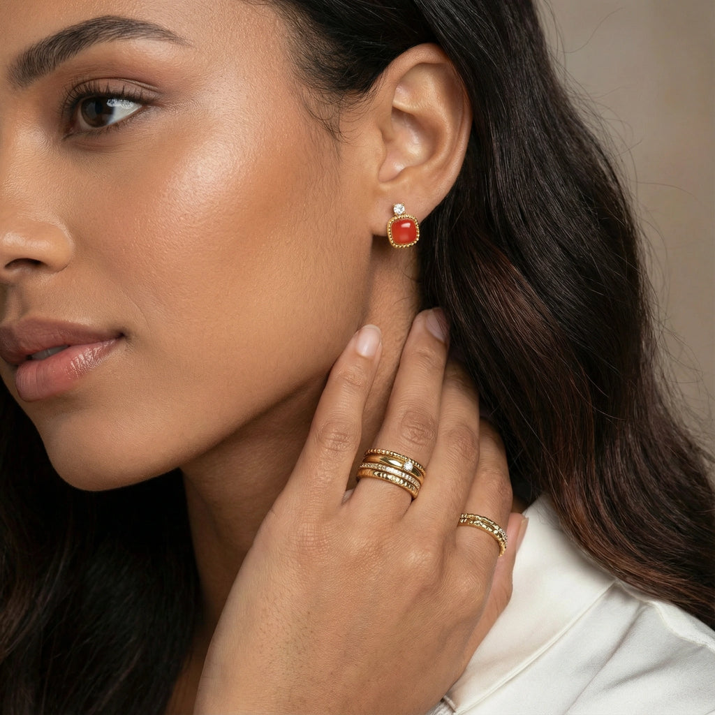 Lifestyle view of Heritage Agate Stud Earrings by Averuna Jewellery