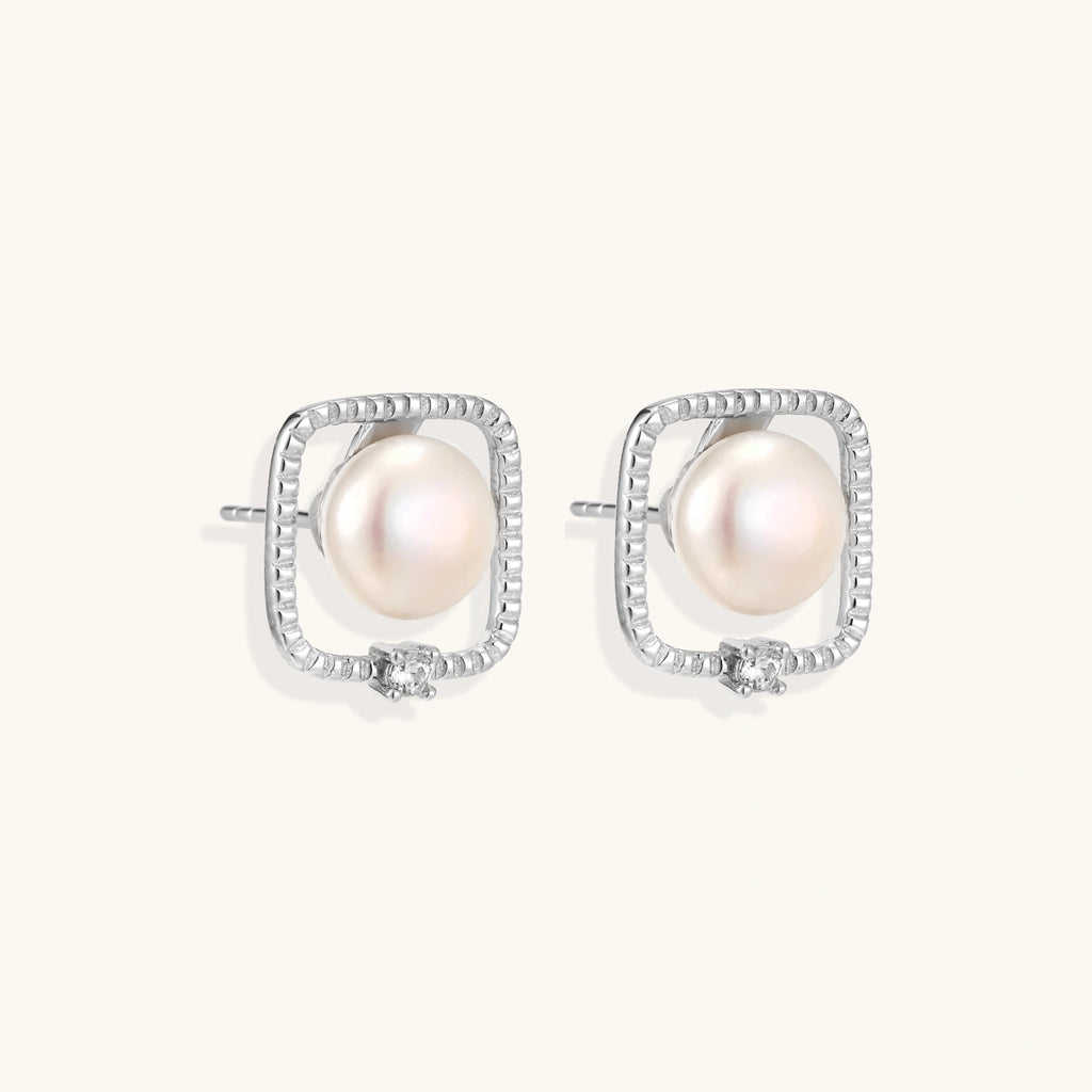 Close-up detail of Pearl Halo Stud Earrings by Averuna Jewellery