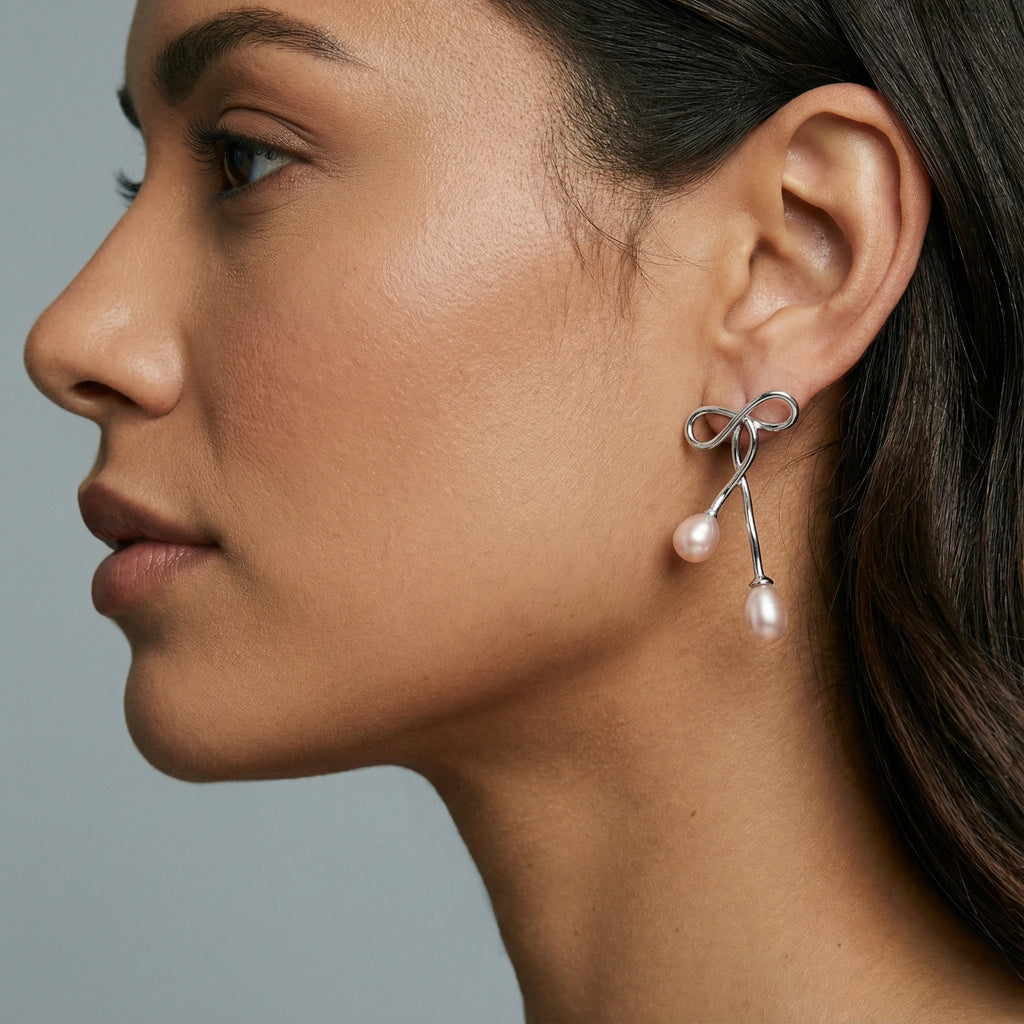 Lifestyle view of Ethereal Pearl Drop Earrings by Averuna Jewellery