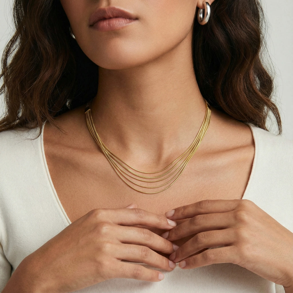 Close-up detail of Golden Hour Multi-Layer Necklace by Averuna Jewellery