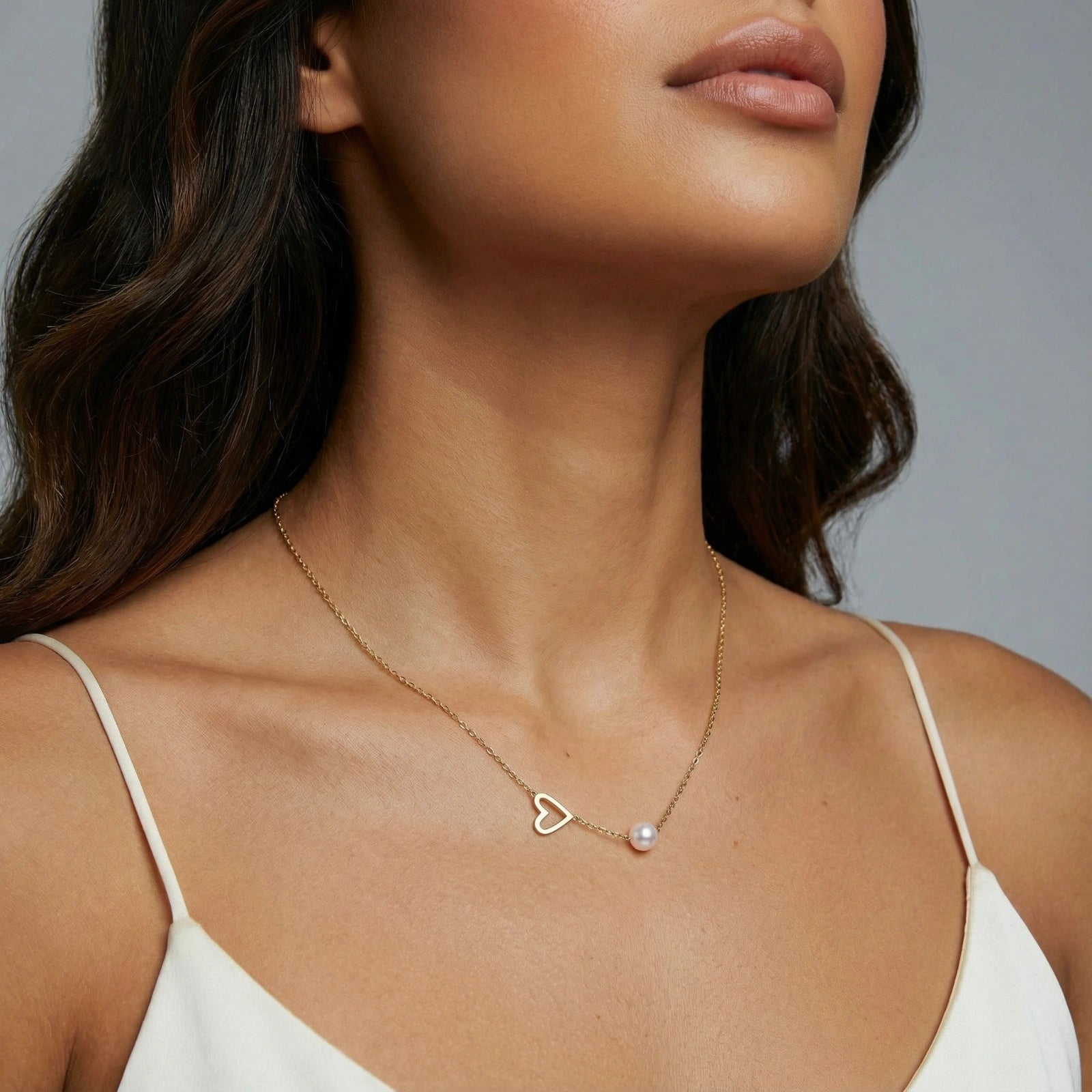 Lifestyle view of Pearl Heart Embrace Necklace by Averuna Jewellery