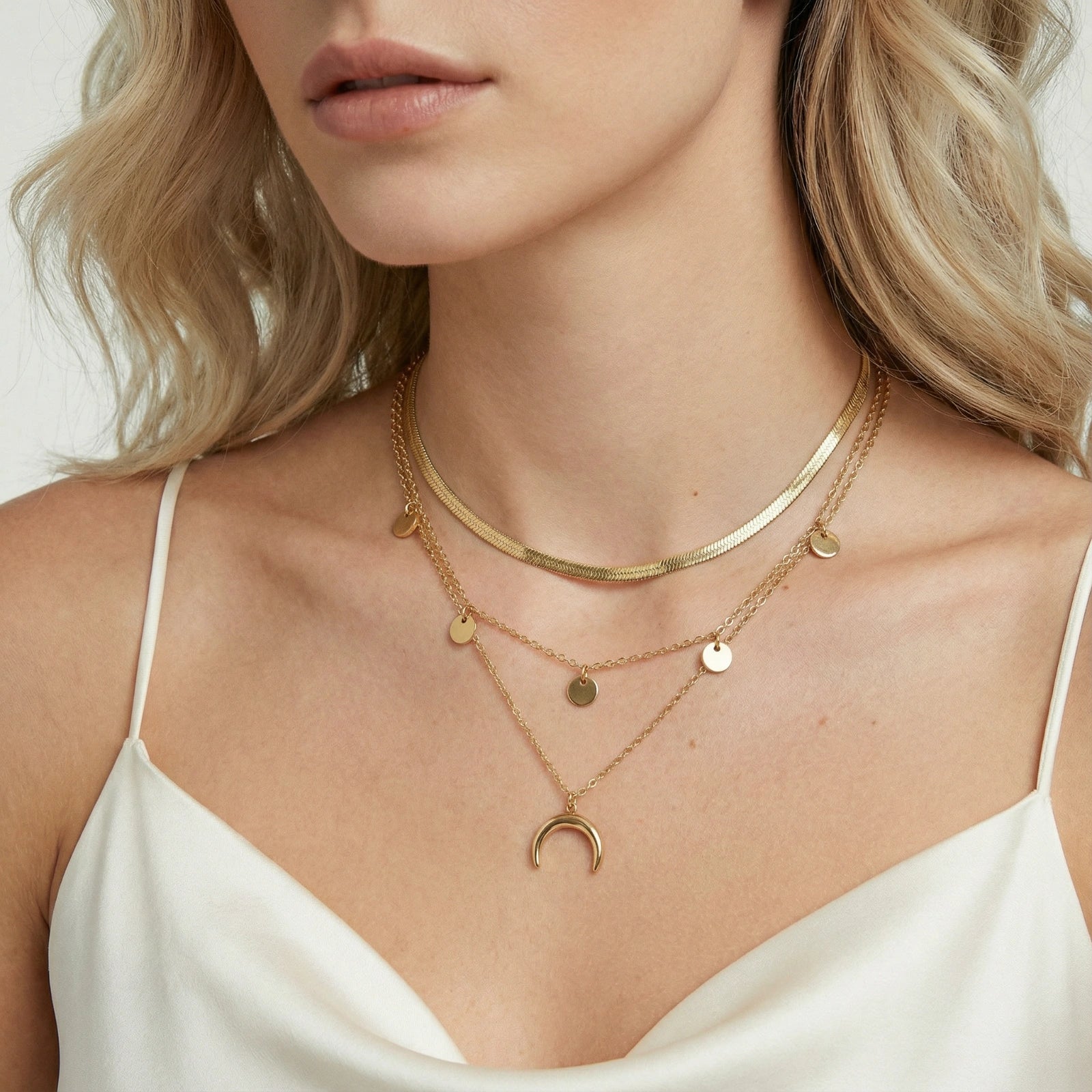 Close-up detail of Golden Crescent Layered Necklace by Averuna Jewellery