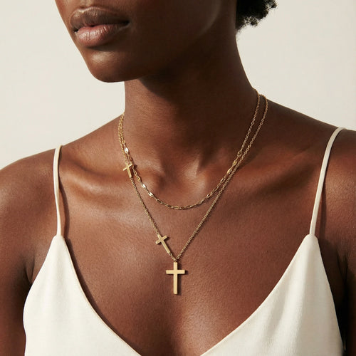 Lifestyle view of Divine Layers Cross Necklace Set by Averuna Jewellery