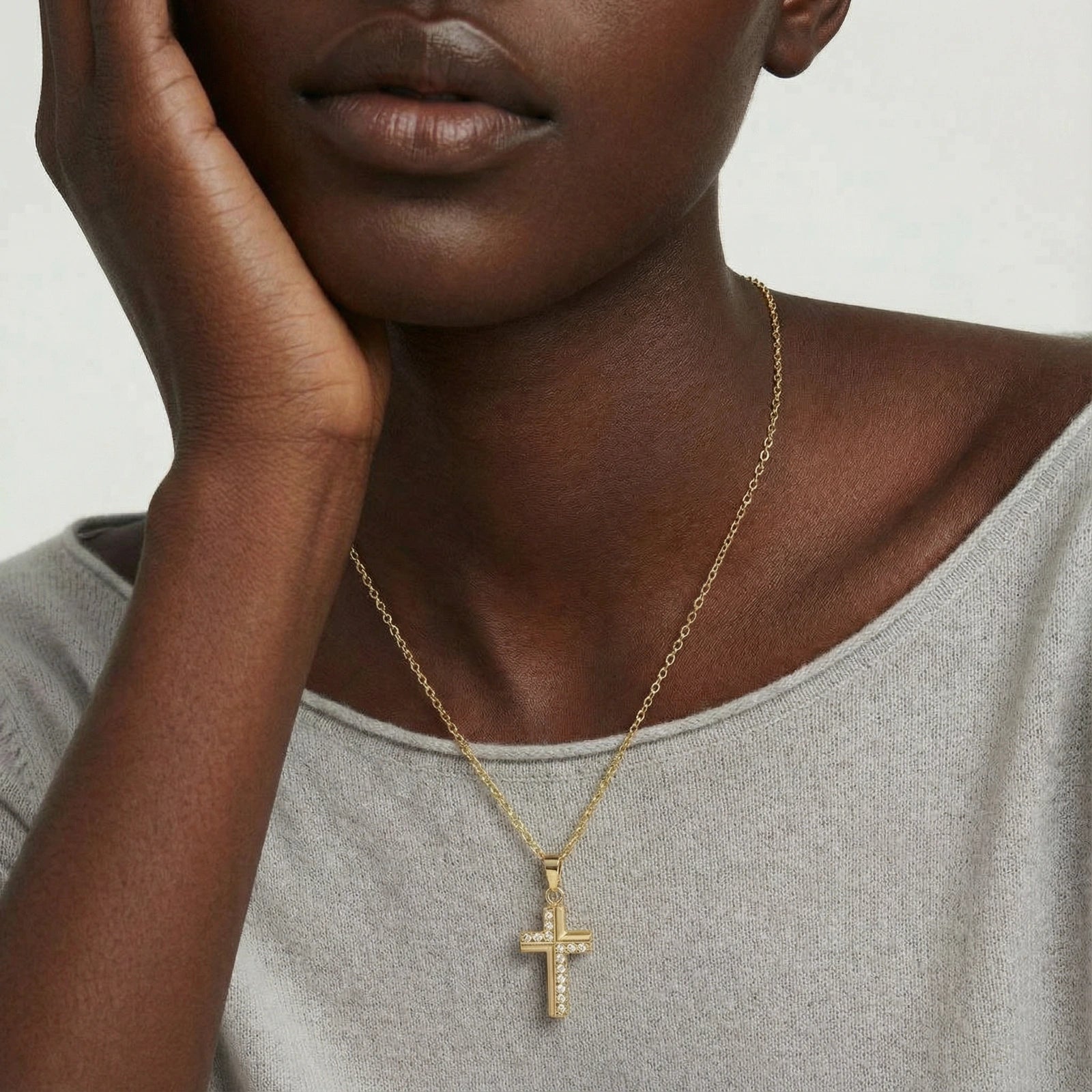 Lifestyle view of Divine Radiance Cross Necklace by Averuna Jewellery