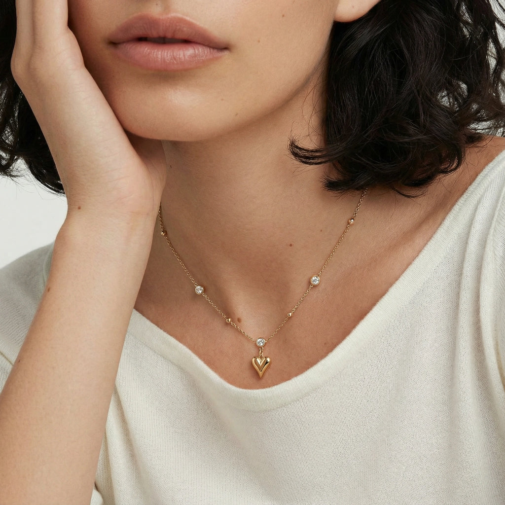 Lifestyle view of Crystal Heart Charm Necklace by Averuna Jewellery
