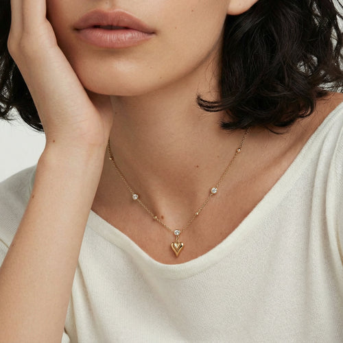 Lifestyle view of Crystal Heart Charm Necklace by Averuna Jewellery