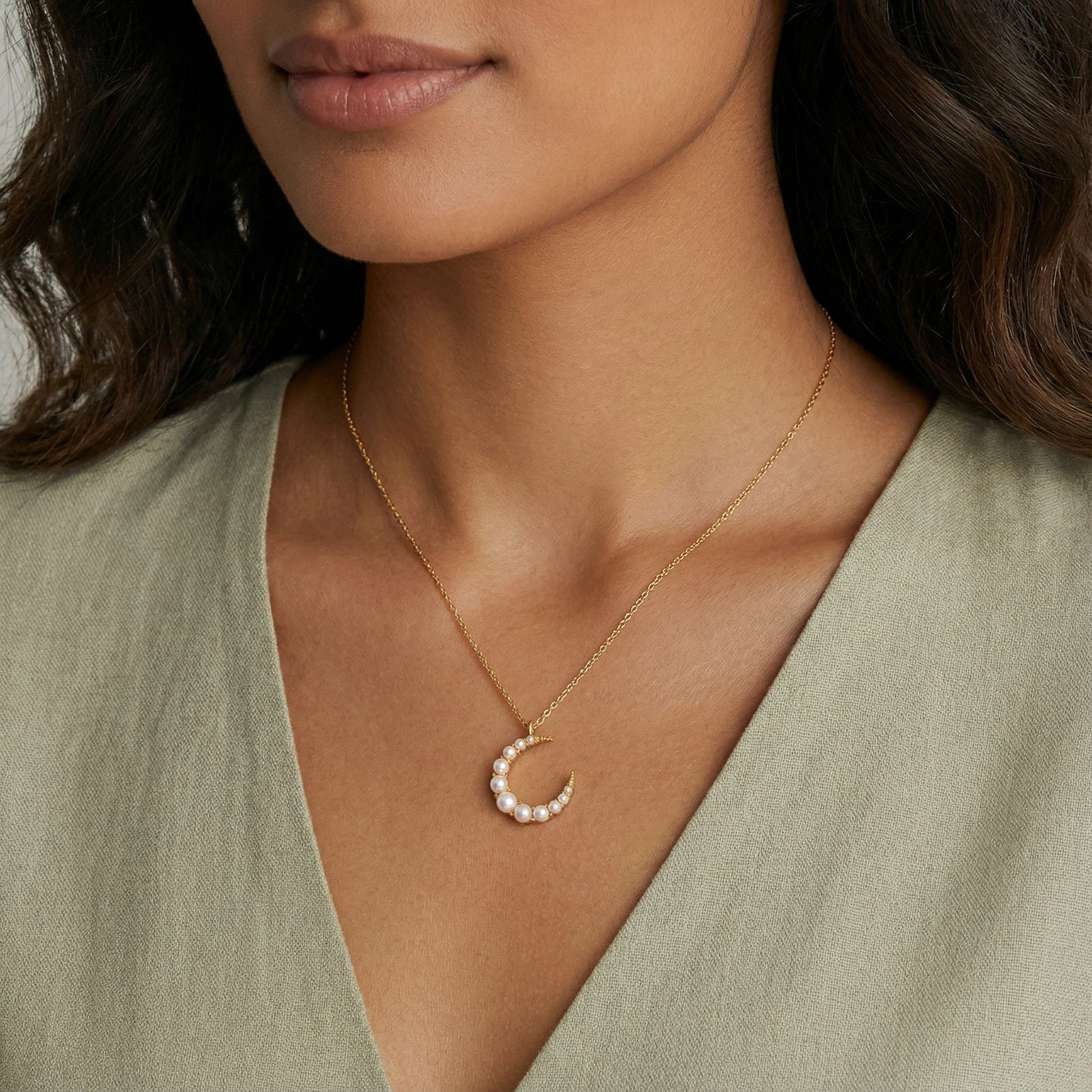 Close-up detail of Luna Pearl Crescent Necklace by Averuna Jewellery