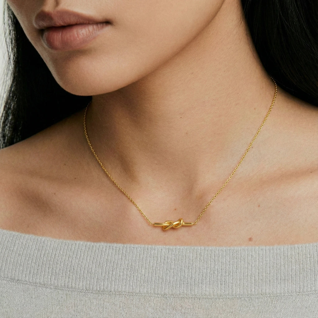 Lifestyle view of Unity Knot Necklace by Averuna Jewellery