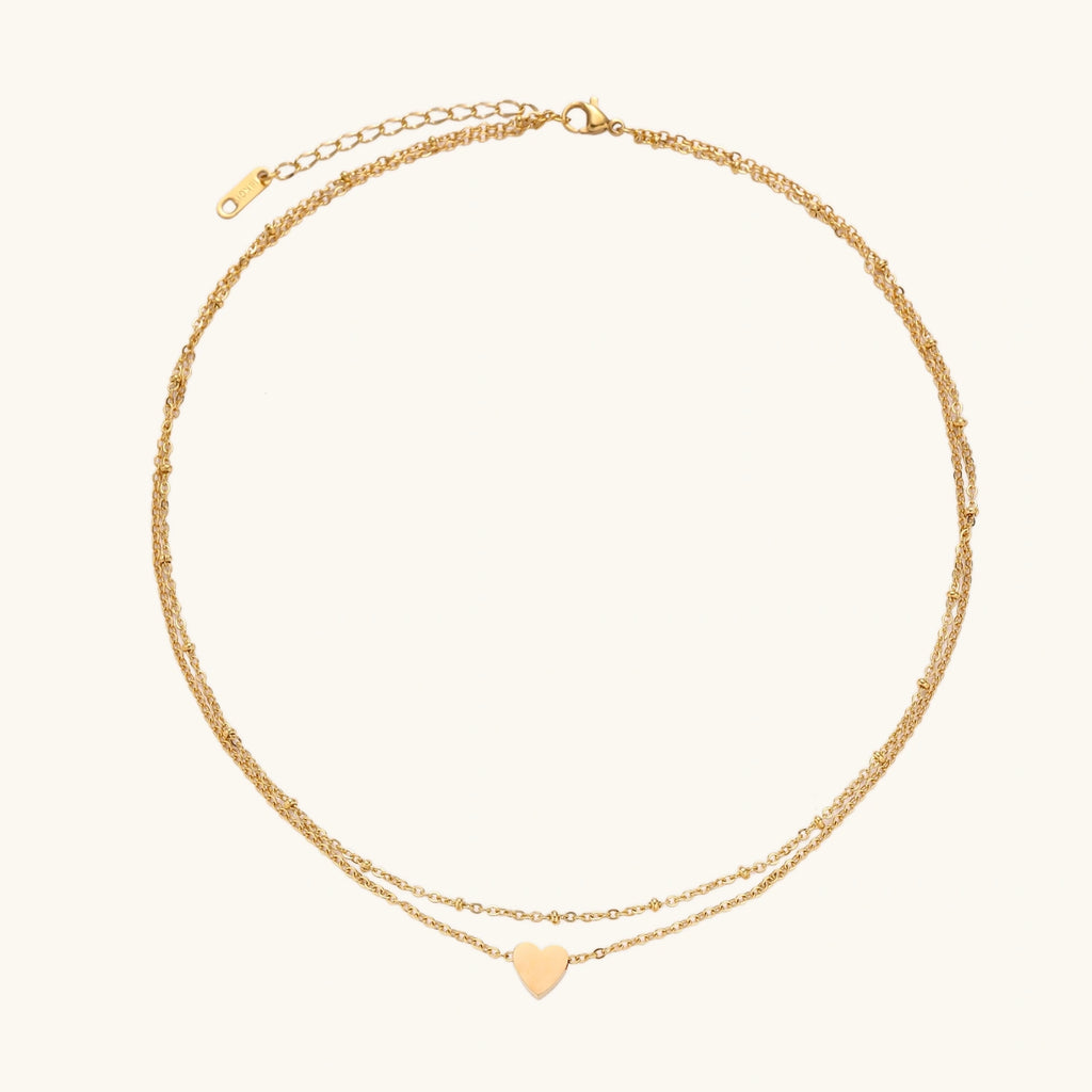Angled view of Layered Heart Necklace by Averuna Jewellery