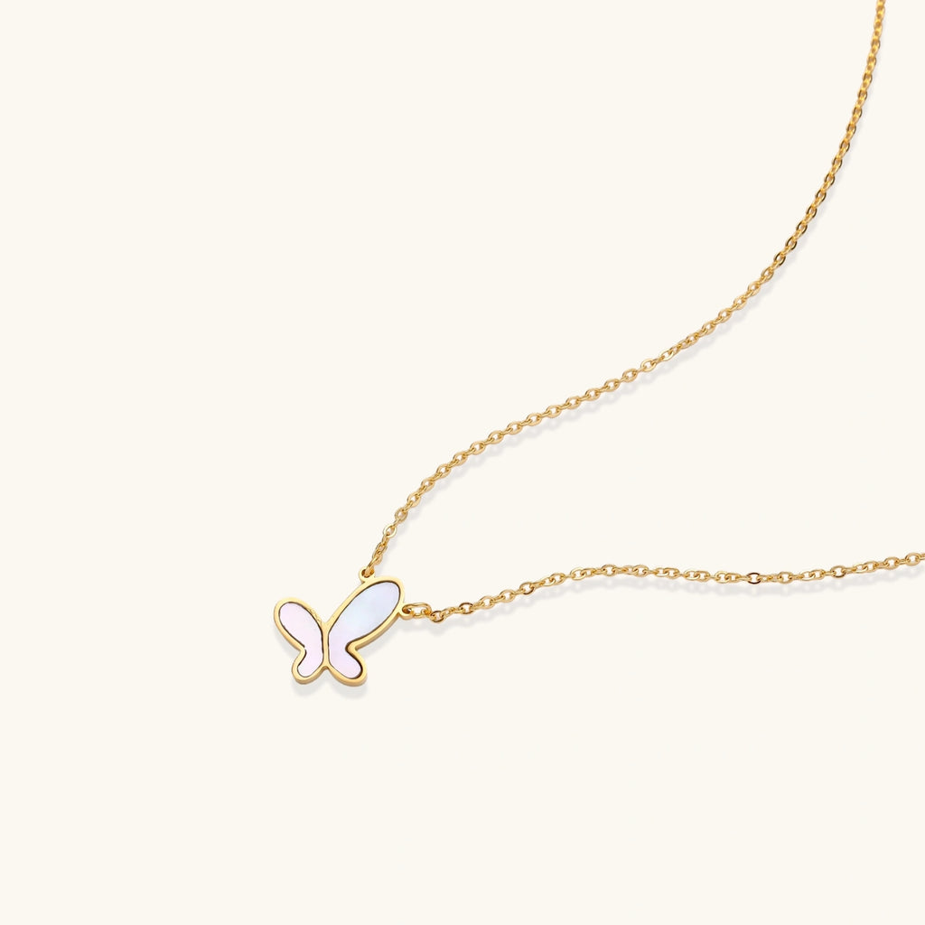 Angled view of Flutter Dream Butterfly Necklace by Averuna Jewellery