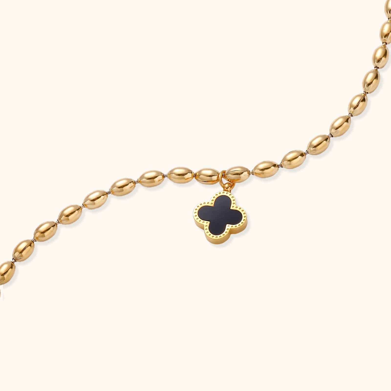 Angled view of Lucky Clover Beaded Bracelet by Averuna Jewellery