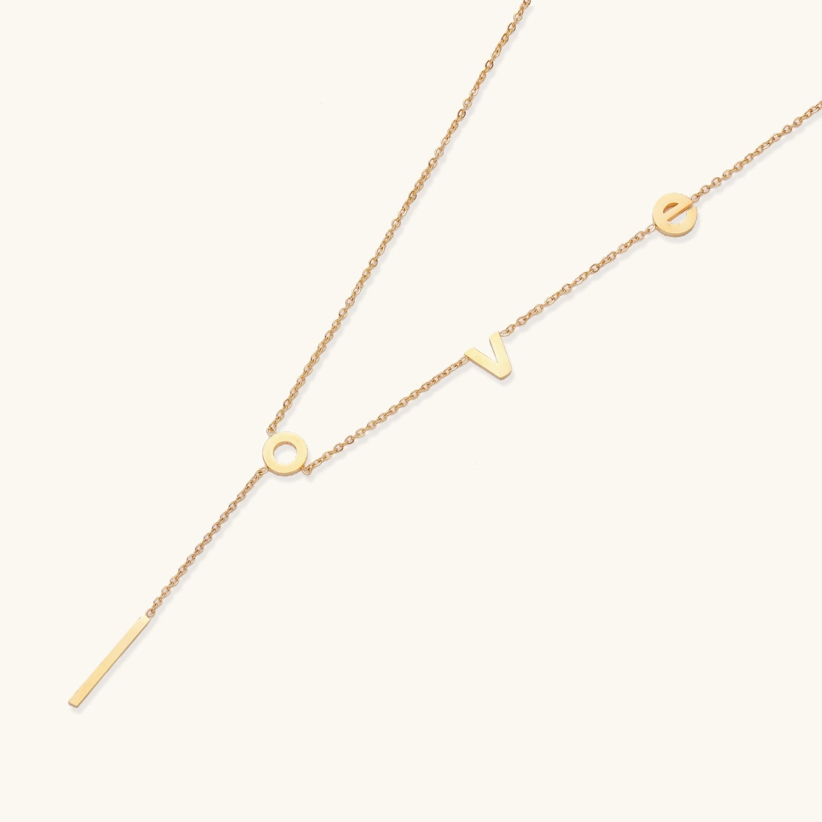 Angled view of Love Letter Lariat Necklace by Averuna Jewellery