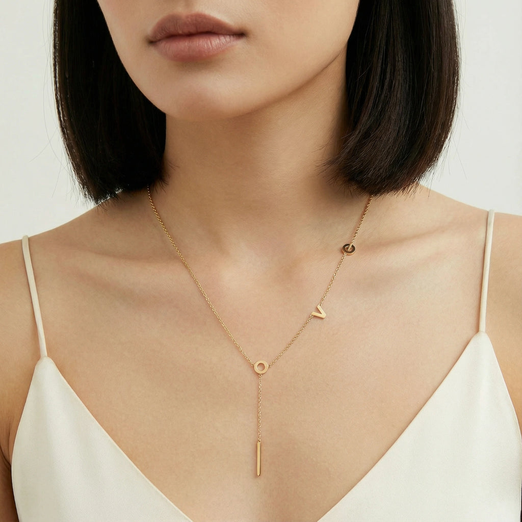 Close-up detail of Love Letter Lariat Necklace by Averuna Jewellery