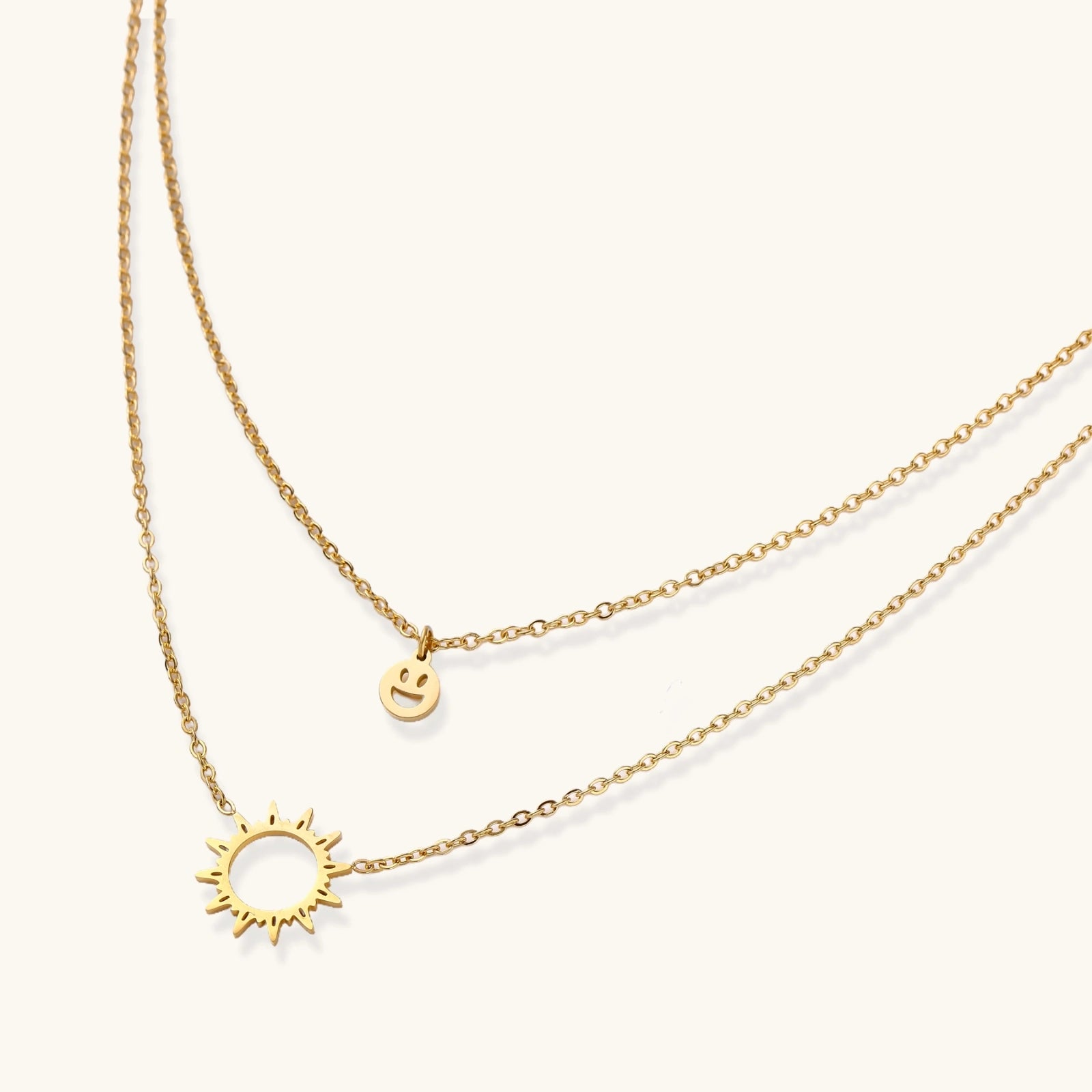 Close-up detail of Sunshine Smiley Layered Necklace by Averuna Jewellery