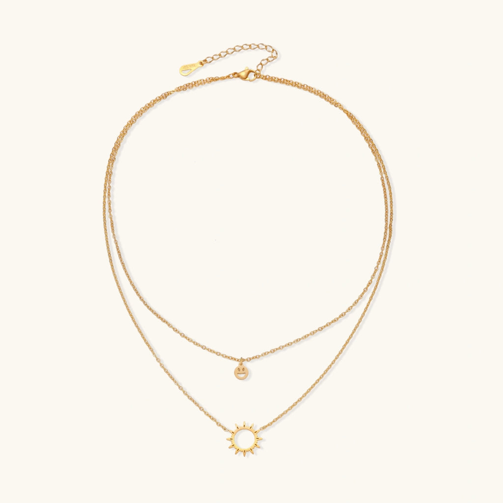 Angled view of Sunshine Smiley Layered Necklace by Averuna Jewellery