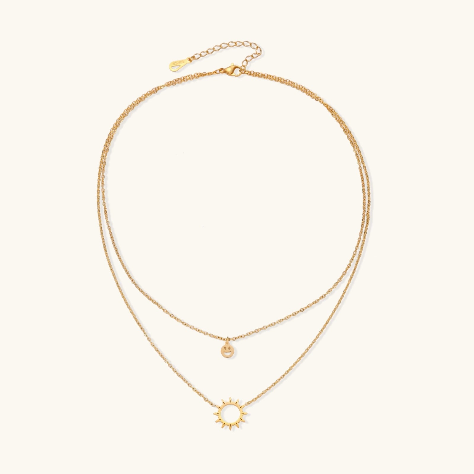 Angled view of Sunshine Smiley Layered Necklace by Averuna Jewellery