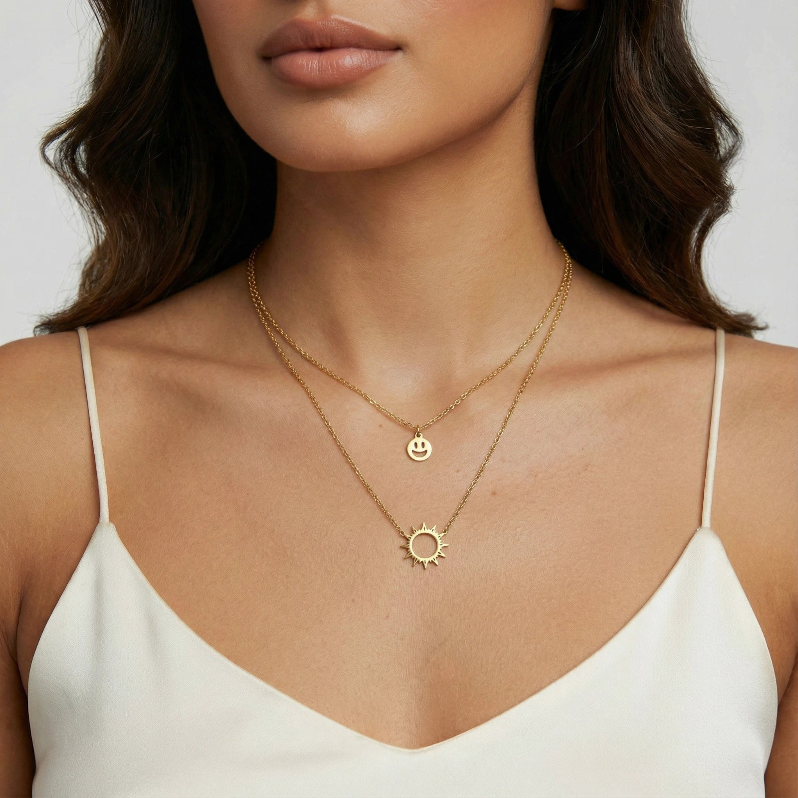 Lifestyle view of Sunshine Smiley Layered Necklace by Averuna Jewellery