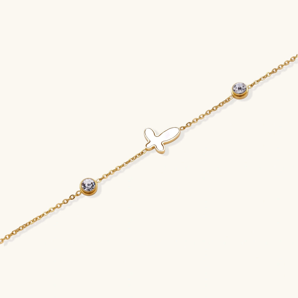 Close-up detail of Mother of Pearl Butterfly Bracelet by Averuna Jewellery