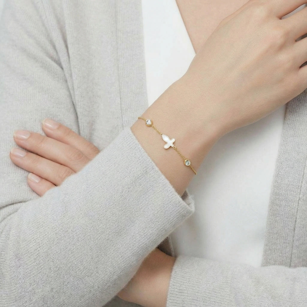 Angled view of Mother of Pearl Butterfly Bracelet by Averuna Jewellery