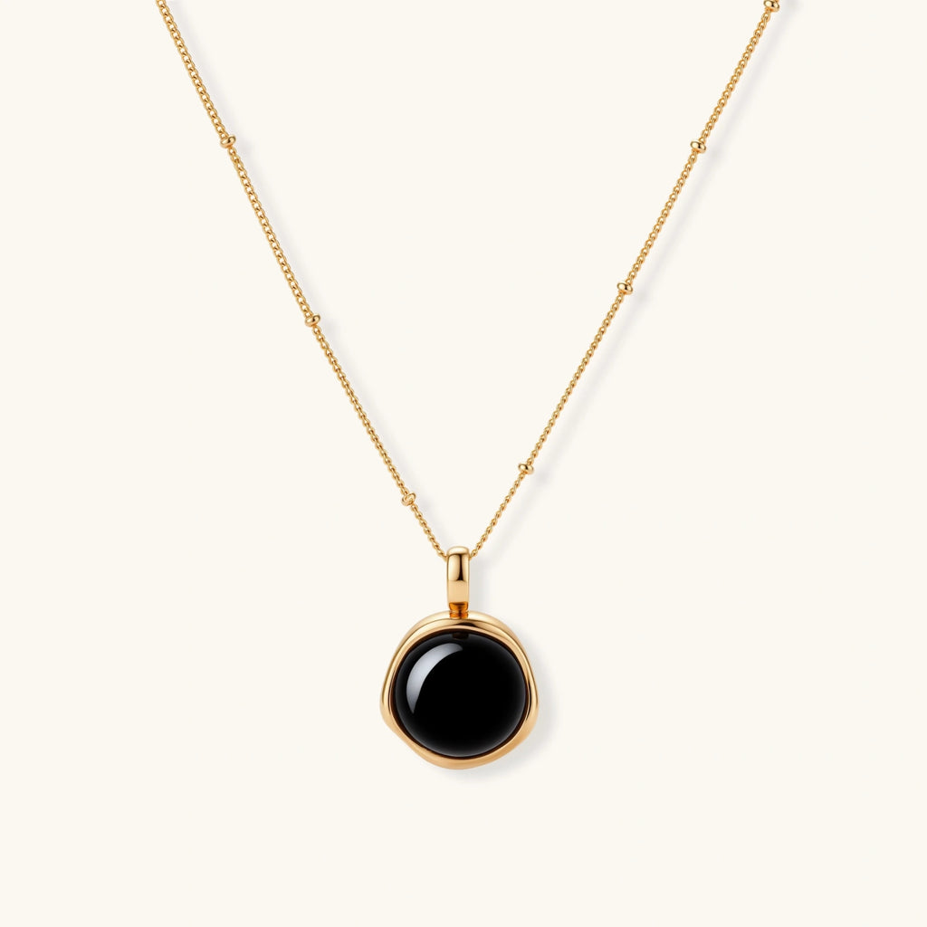 Lifestyle view of Midnight Agate Circle Necklace by Averuna Jewellery