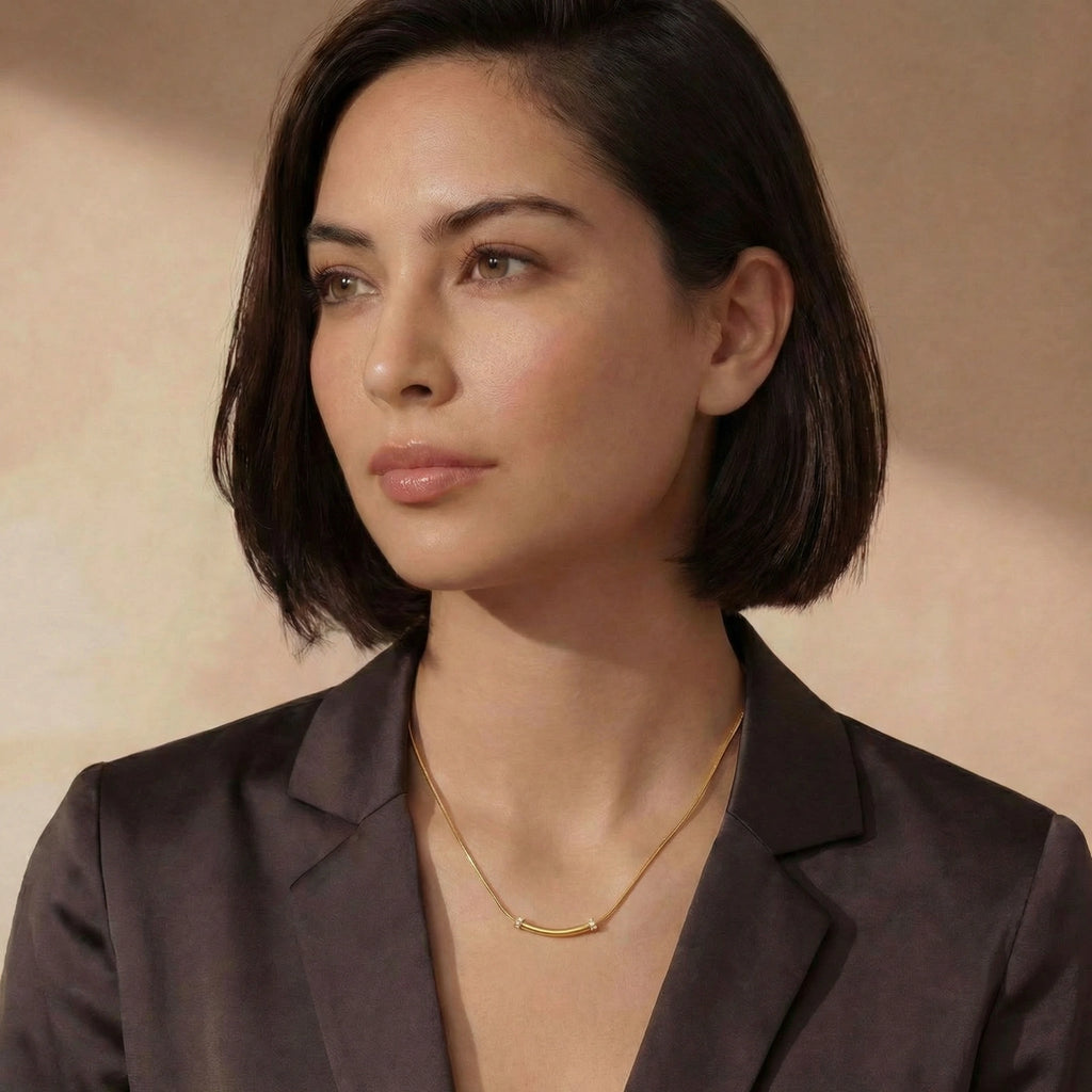 Lifestyle view of Curved Spark Bar Necklace by Averuna Jewellery