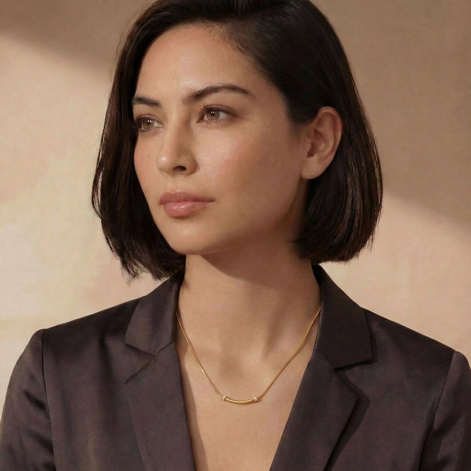 Lifestyle view of Curved Spark Bar Necklace by Averuna Jewellery