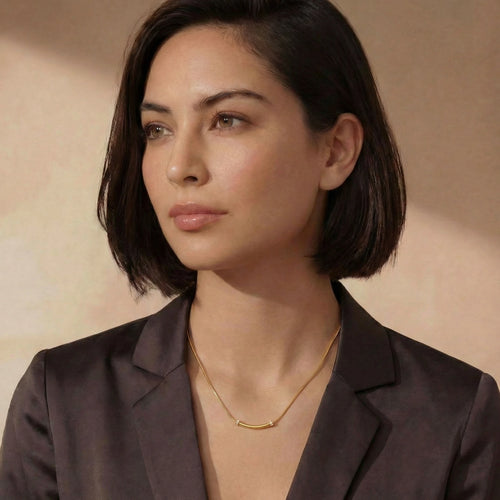 Lifestyle view of Curved Spark Bar Necklace by Averuna Jewellery