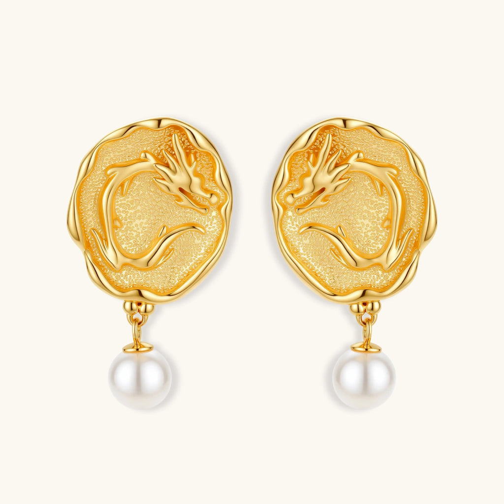 Close-up detail of Dragon Phoenix Coin Earrings by Averuna Jewellery