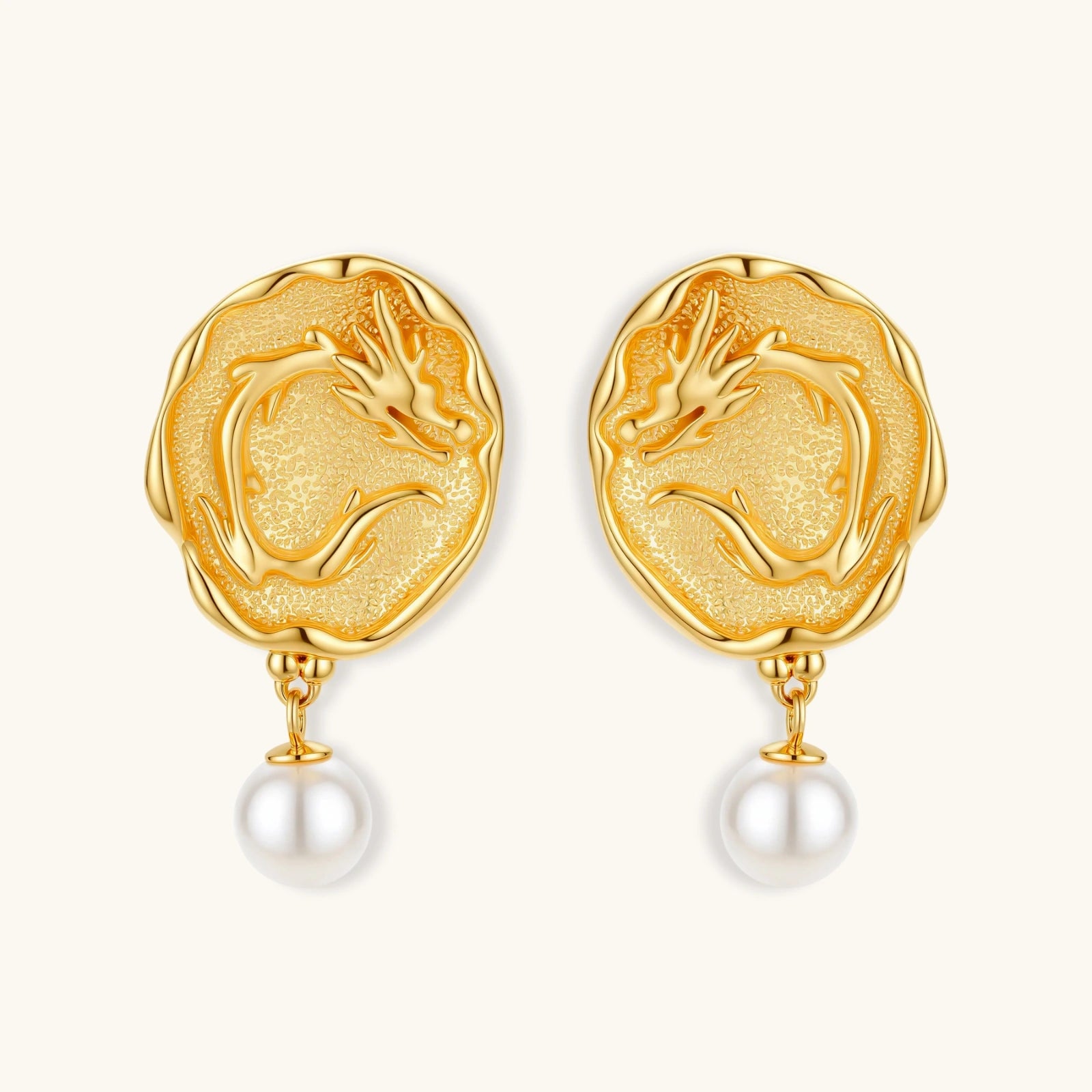 Close-up detail of Dragon Phoenix Coin Earrings by Averuna Jewellery