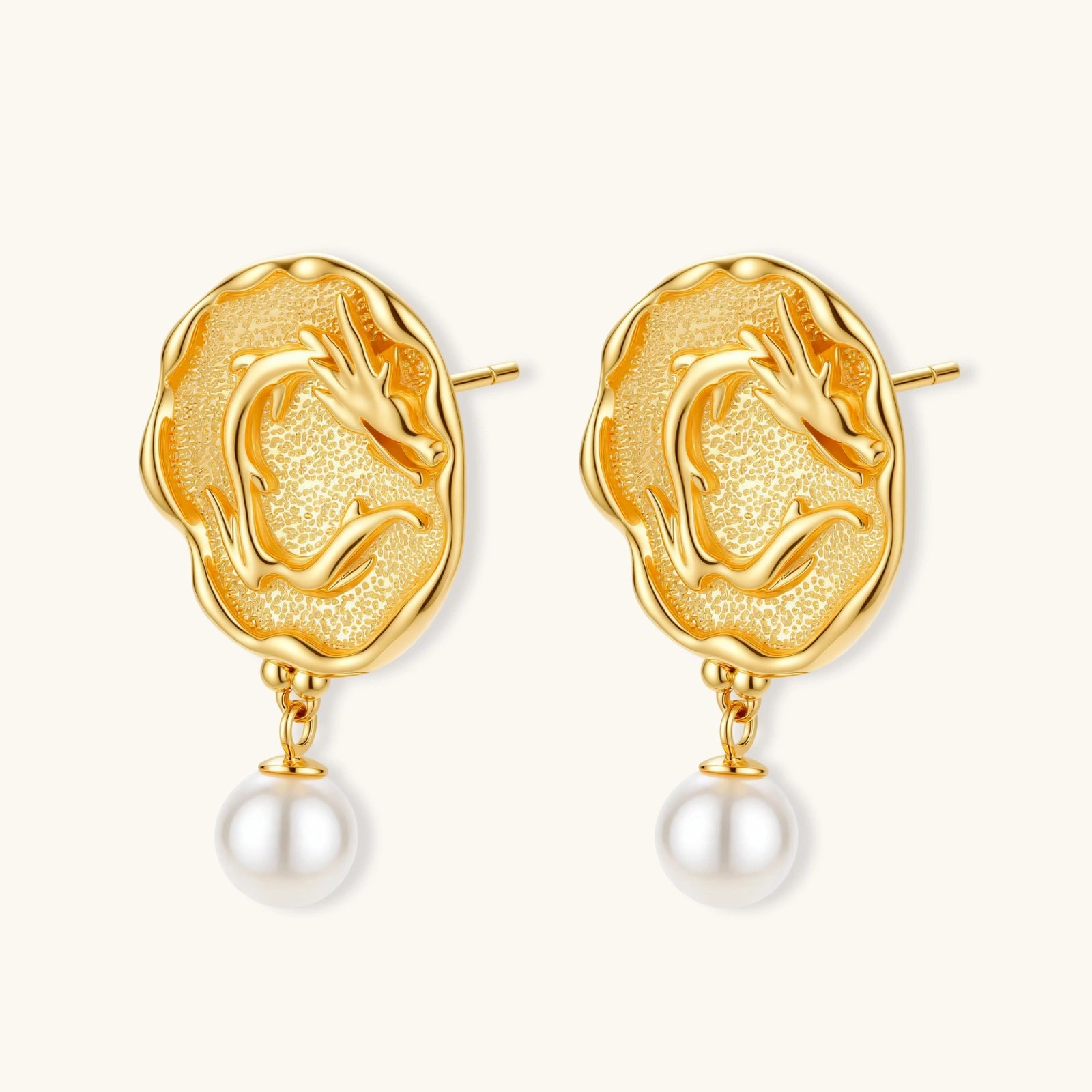 Angled view of Dragon Phoenix Coin Earrings by Averuna Jewellery