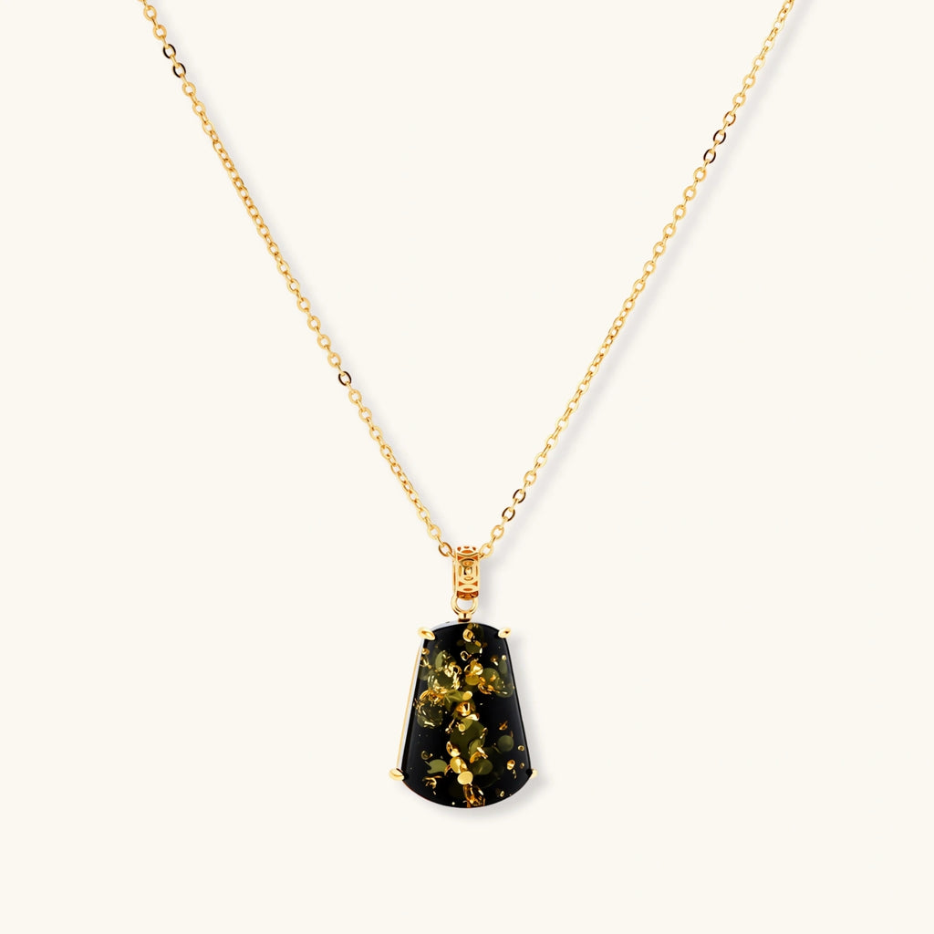 Lifestyle view of Forest Gold Amber Necklace by Averuna Jewellery