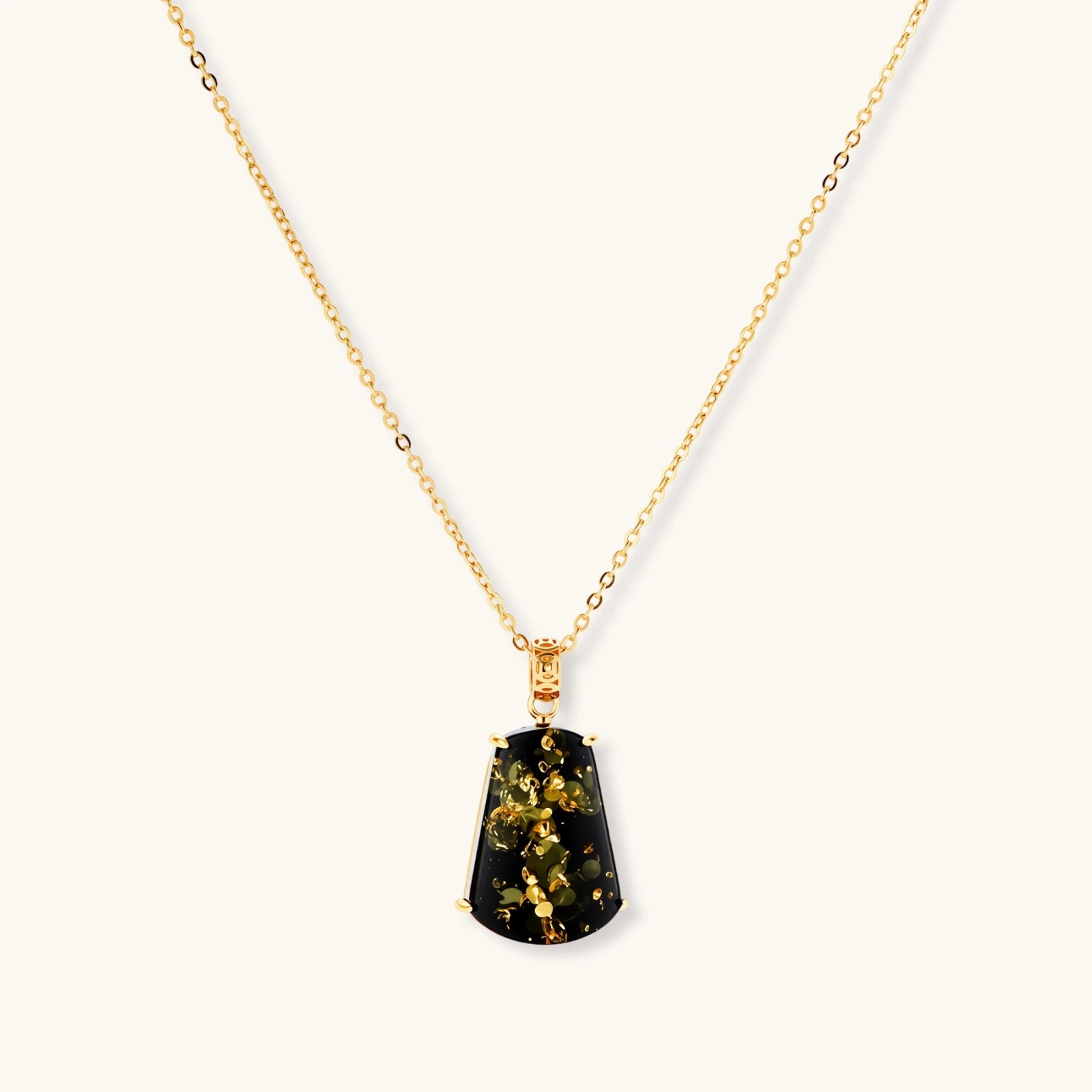 Lifestyle view of Forest Gold Amber Necklace by Averuna Jewellery