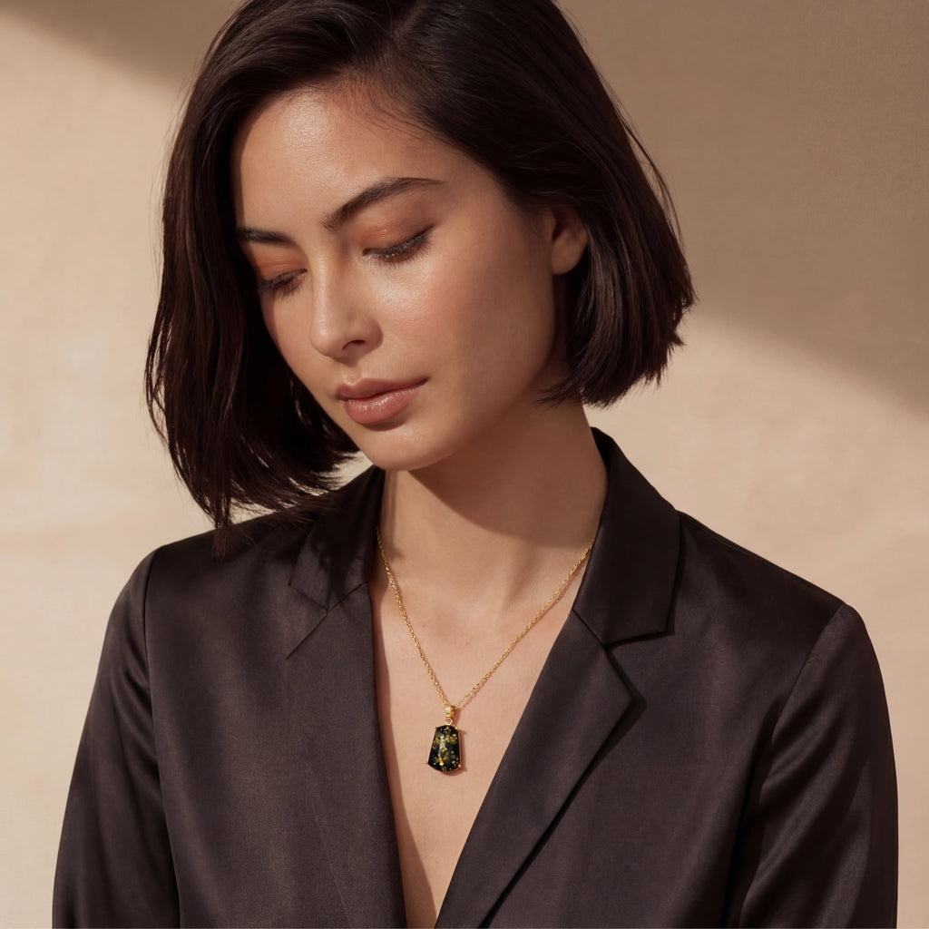 Close-up detail of Forest Gold Amber Necklace by Averuna Jewellery