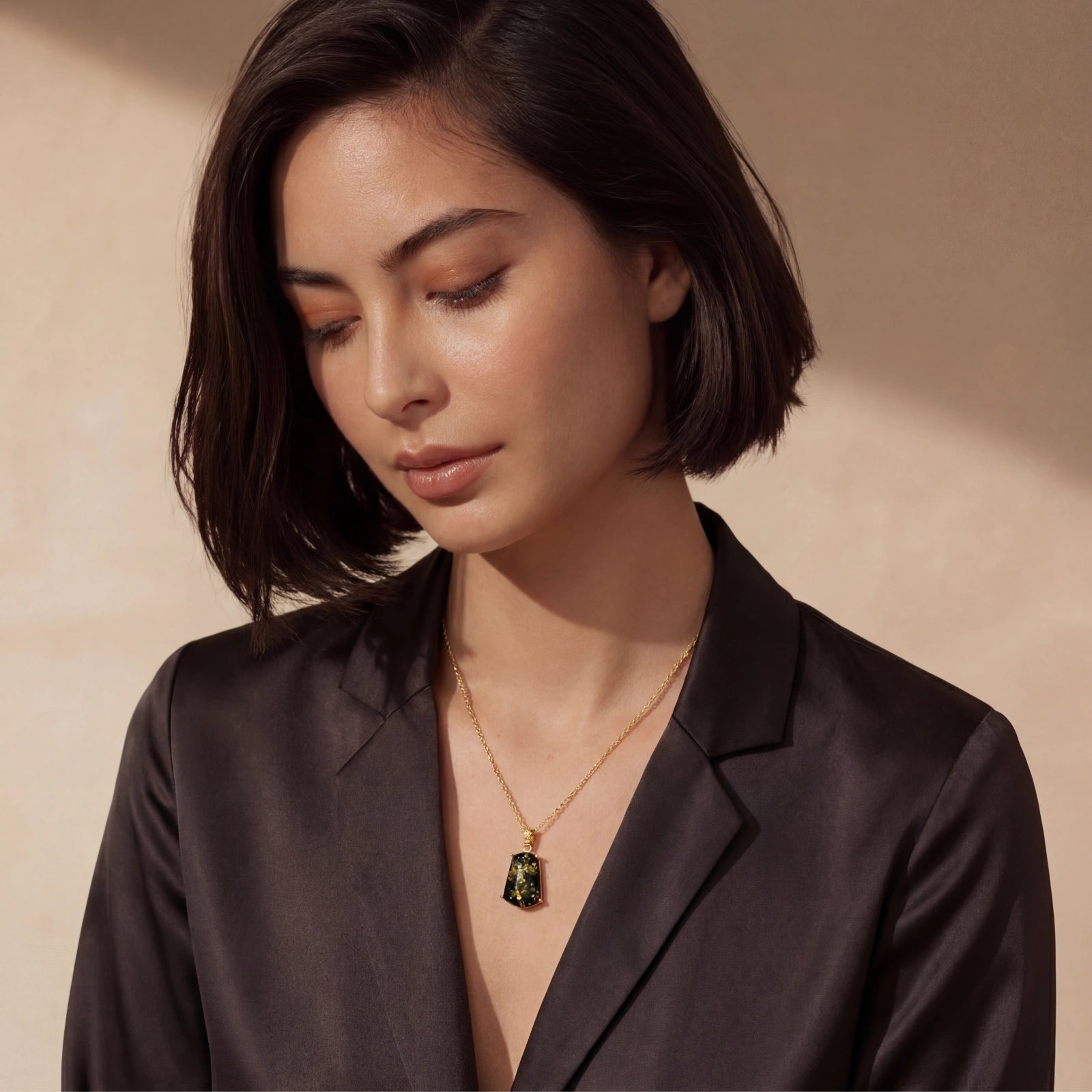 Close-up detail of Forest Gold Amber Necklace by Averuna Jewellery