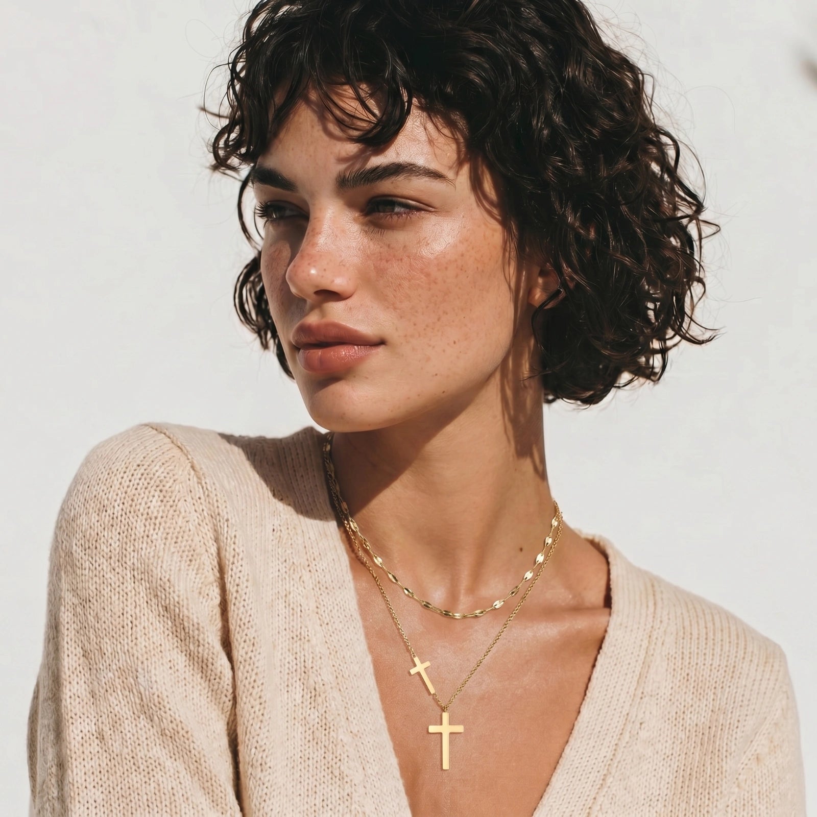 Close-up detail of Divine Layers Cross Necklace Set by Averuna Jewellery