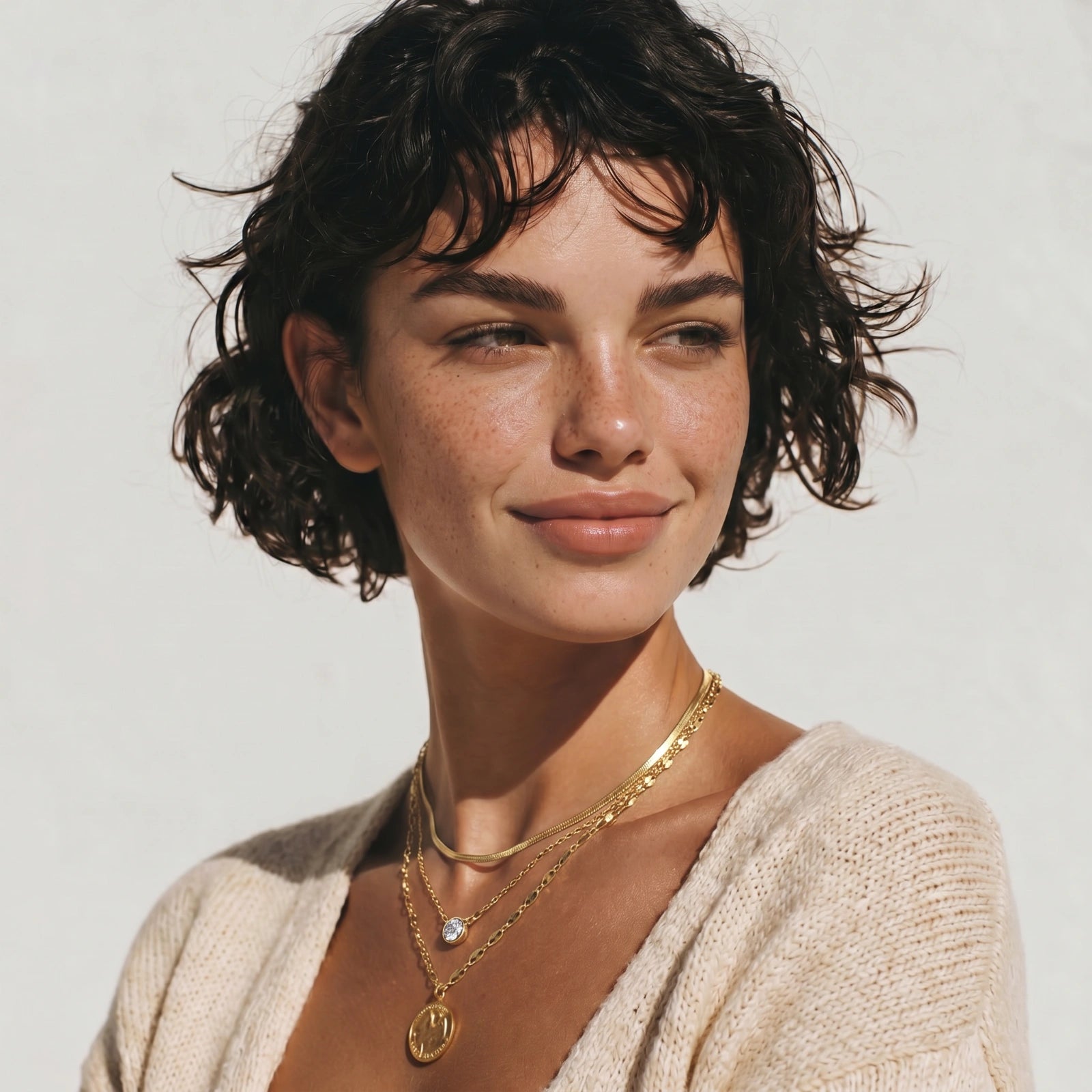 Lifestyle view of Golden Hour Layered Necklace by Averuna Jewellery