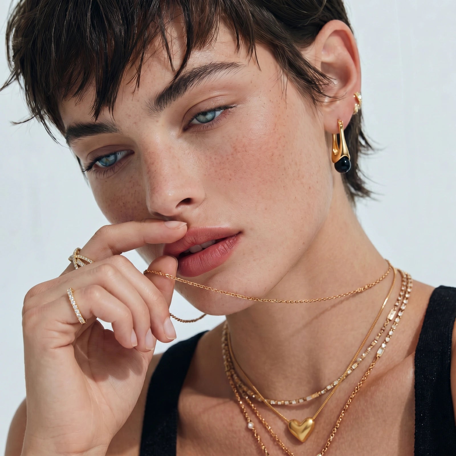 Lifestyle view of Midnight Agate Drop Earrings by Averuna Jewellery