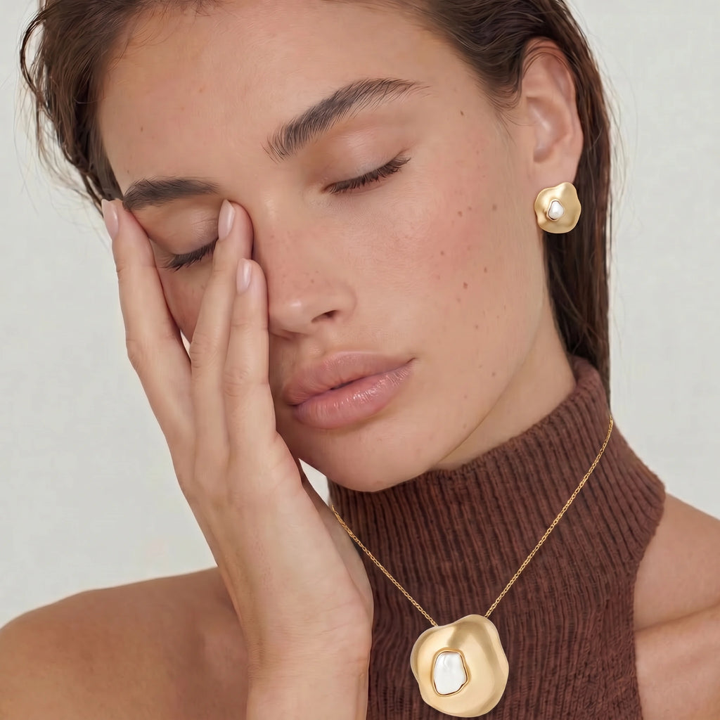 Lifestyle view of Liquid Art Pearl Jewellery Set by Averuna Jewellery