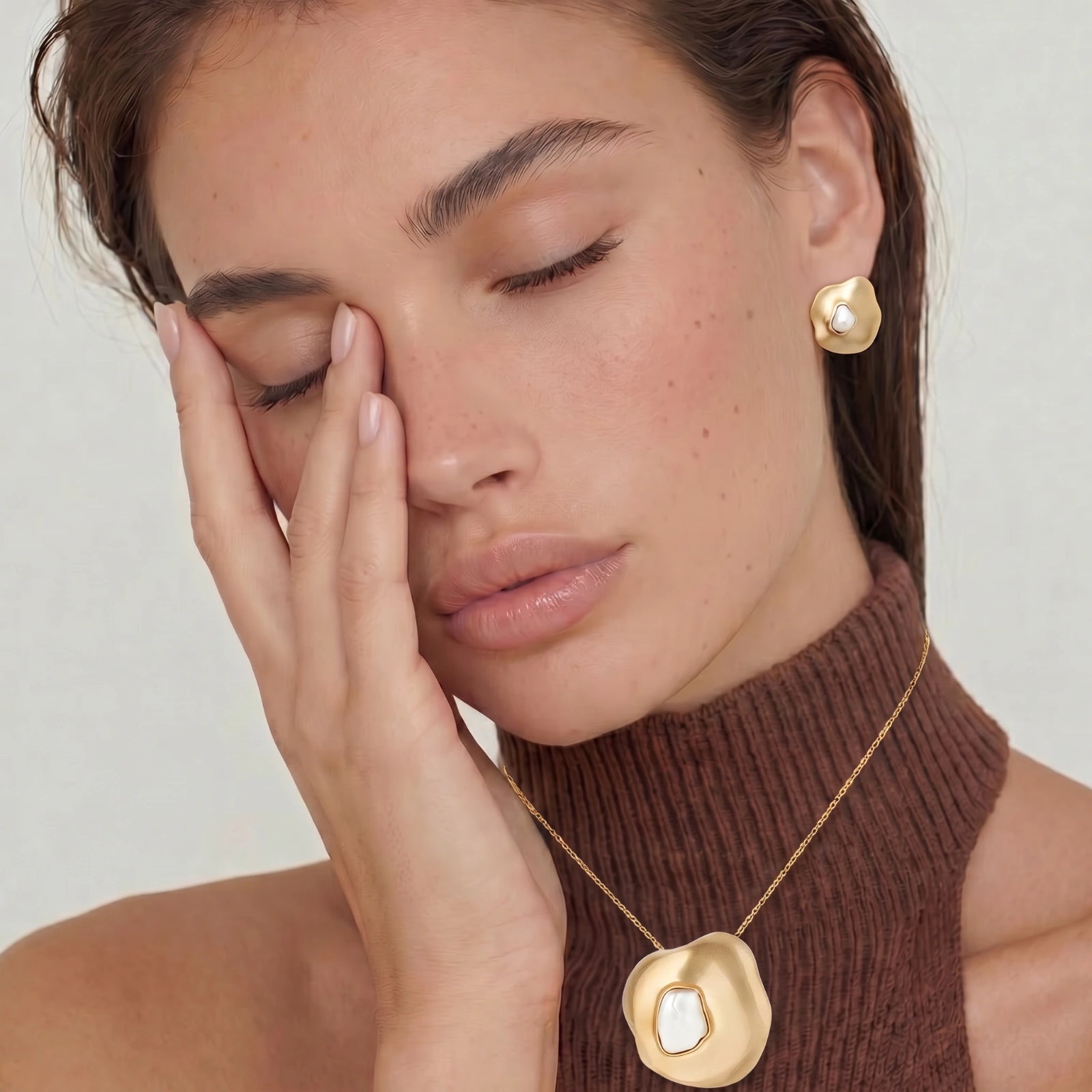 Lifestyle view of Liquid Art Pearl Jewellery Set by Averuna Jewellery