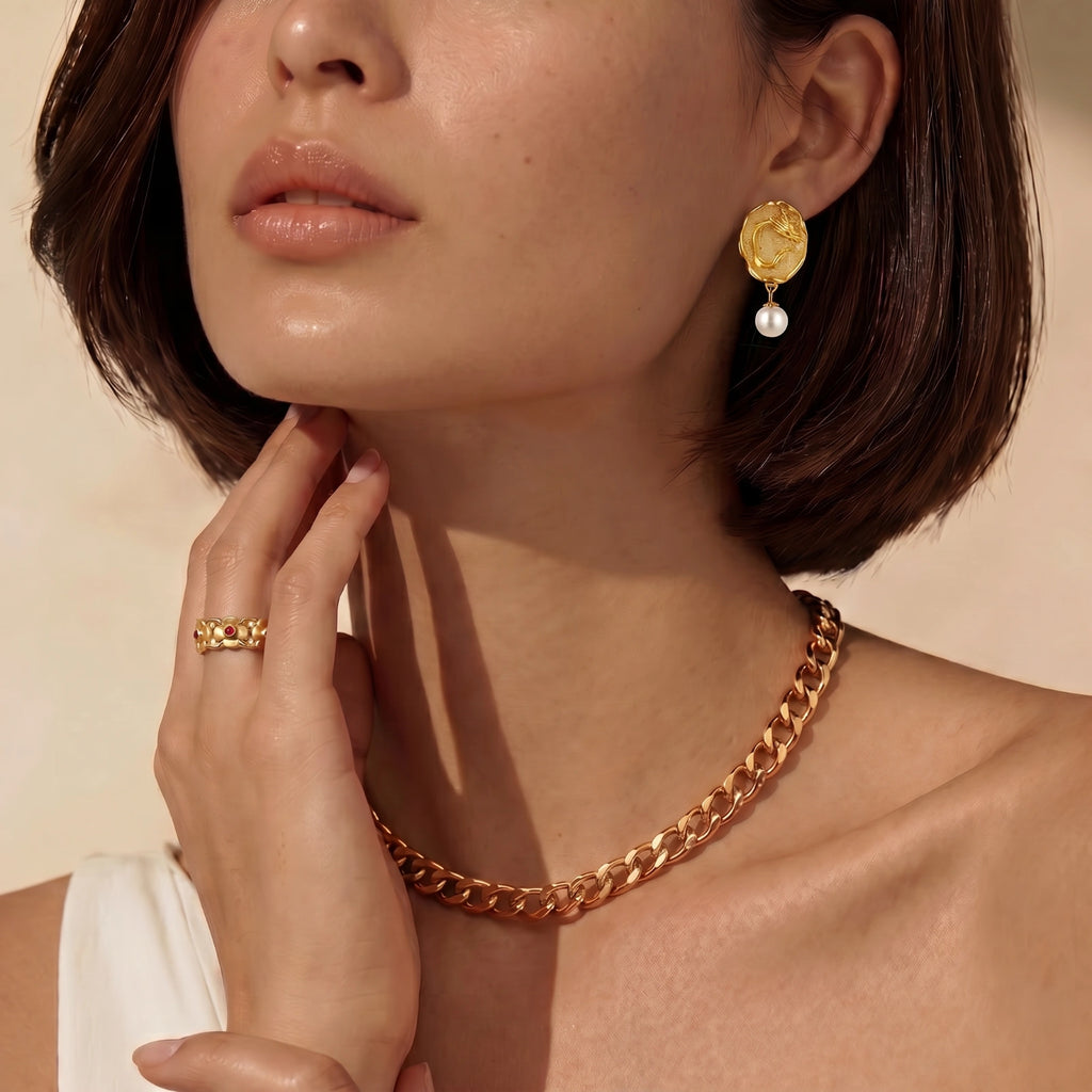 Lifestyle view of Dragon Phoenix Coin Earrings by Averuna Jewellery