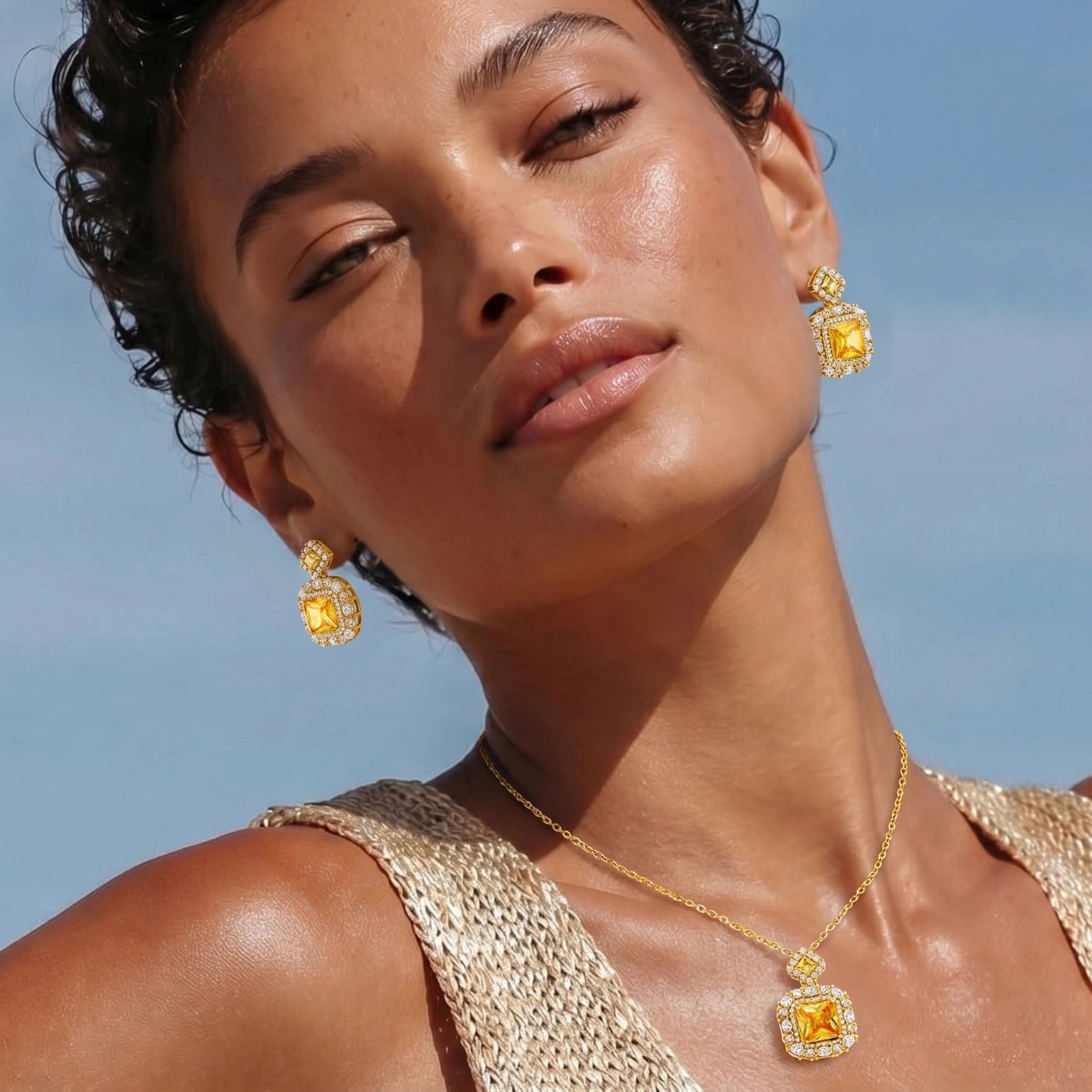 Lifestyle view of Golden Square Luxe Jewellery Set by Averuna Jewellery