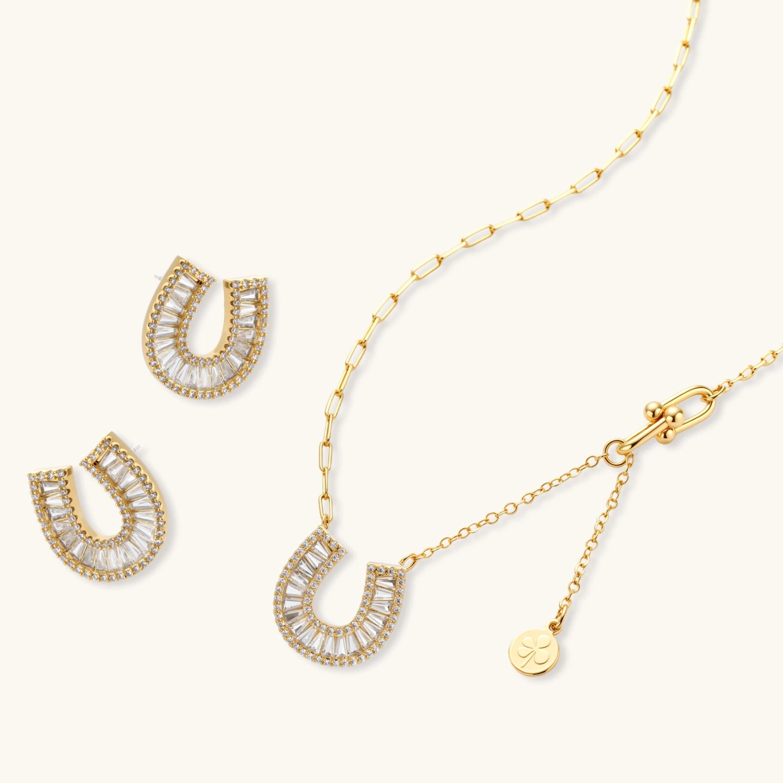 Angled view of Lucky Horseshoe Crystal Jewellery Set by Averuna Jewellery