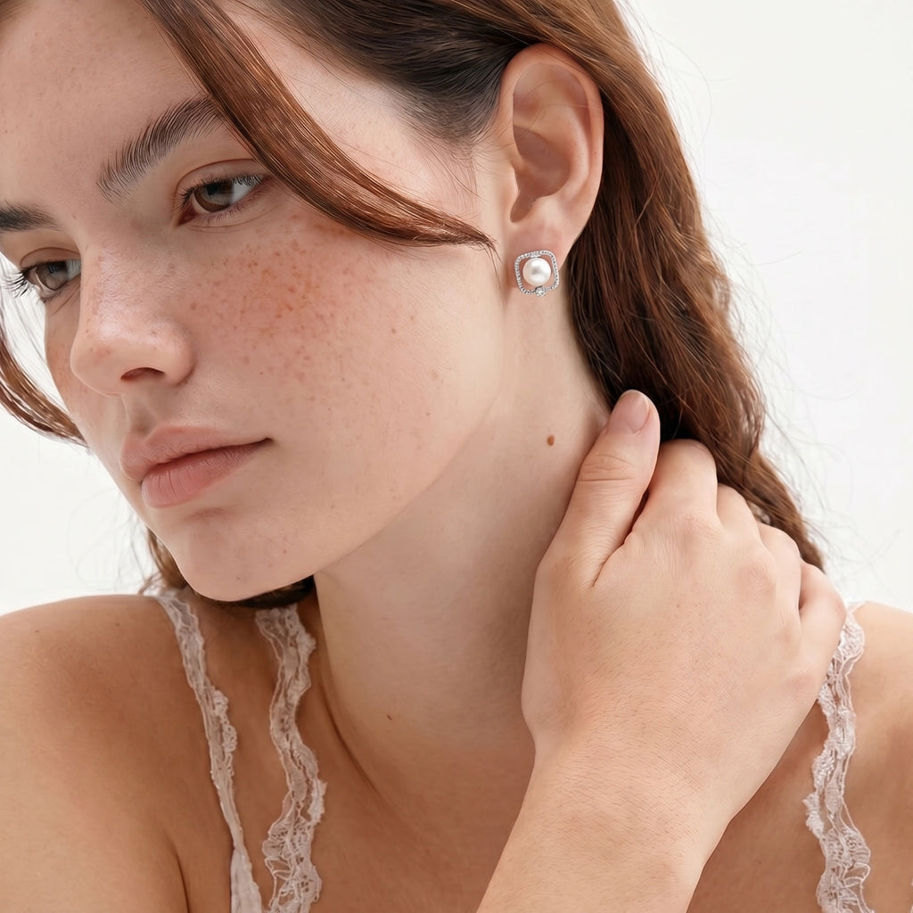 Lifestyle view of Pearl Halo Stud Earrings by Averuna Jewellery