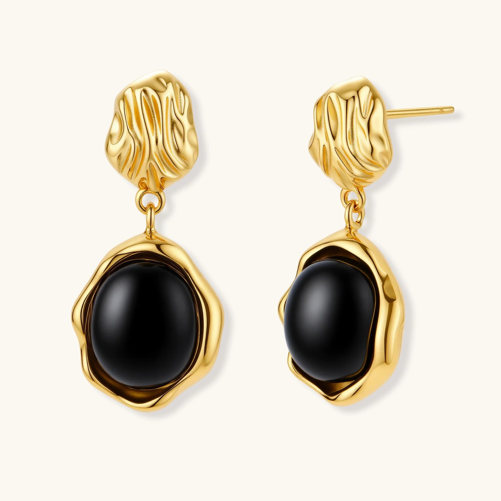 Black Agate Drop Earrings Ripple Gold by Averuna Jewellery