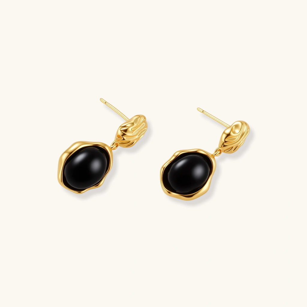 Angled view of Black Agate Drop Earrings Ripple Gold by Averuna Jewellery